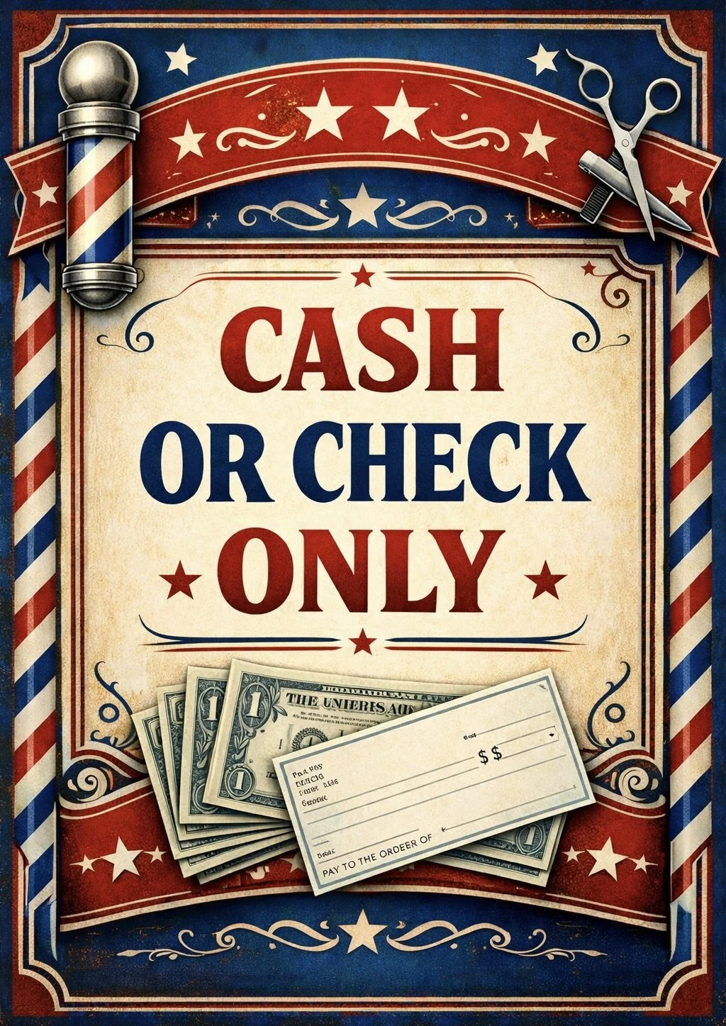 A vintage-style poster with red, white, and blue colors, featuring stars, scissors, barber pole, and cash, advertising cash or check payment only.