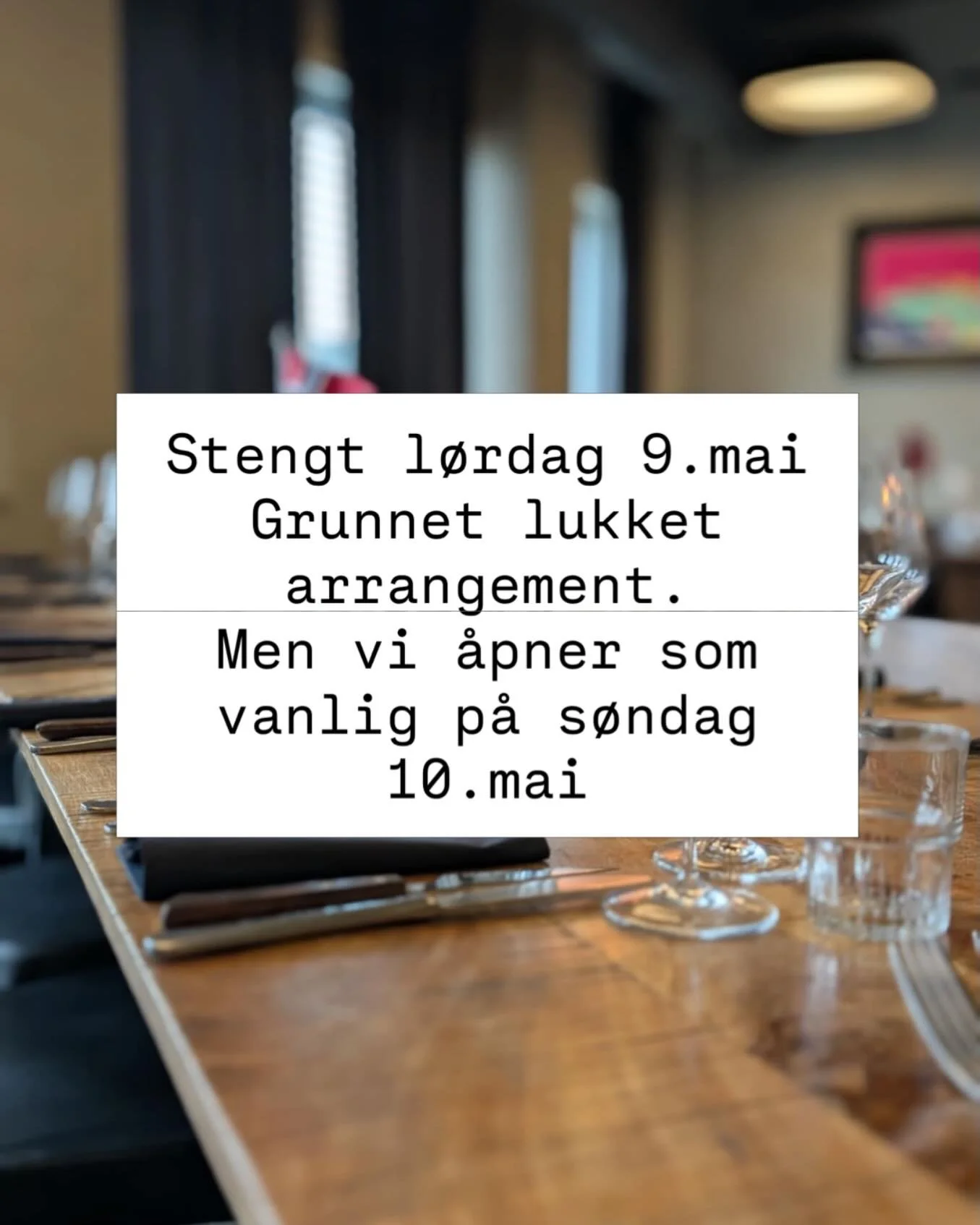 Vi m&aring; dessverre holde stengt l&oslash;rdag 9.mai grunnet lukket arrangement. Men vi &aring;pner d&oslash;rene igjen s&oslash;ndag 10.mai kl14. Velkommen❤️☀️