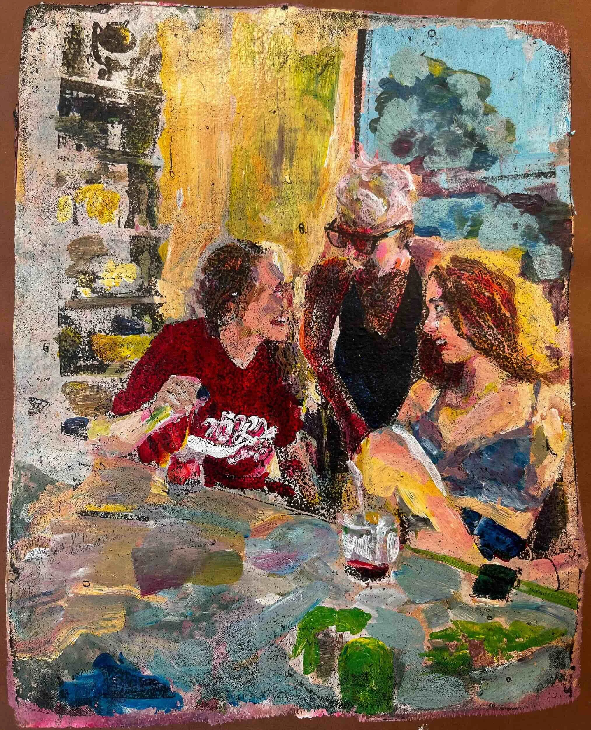 Cherry Cocktails, Acrylic Monotype on Paper, 10 x 8" 