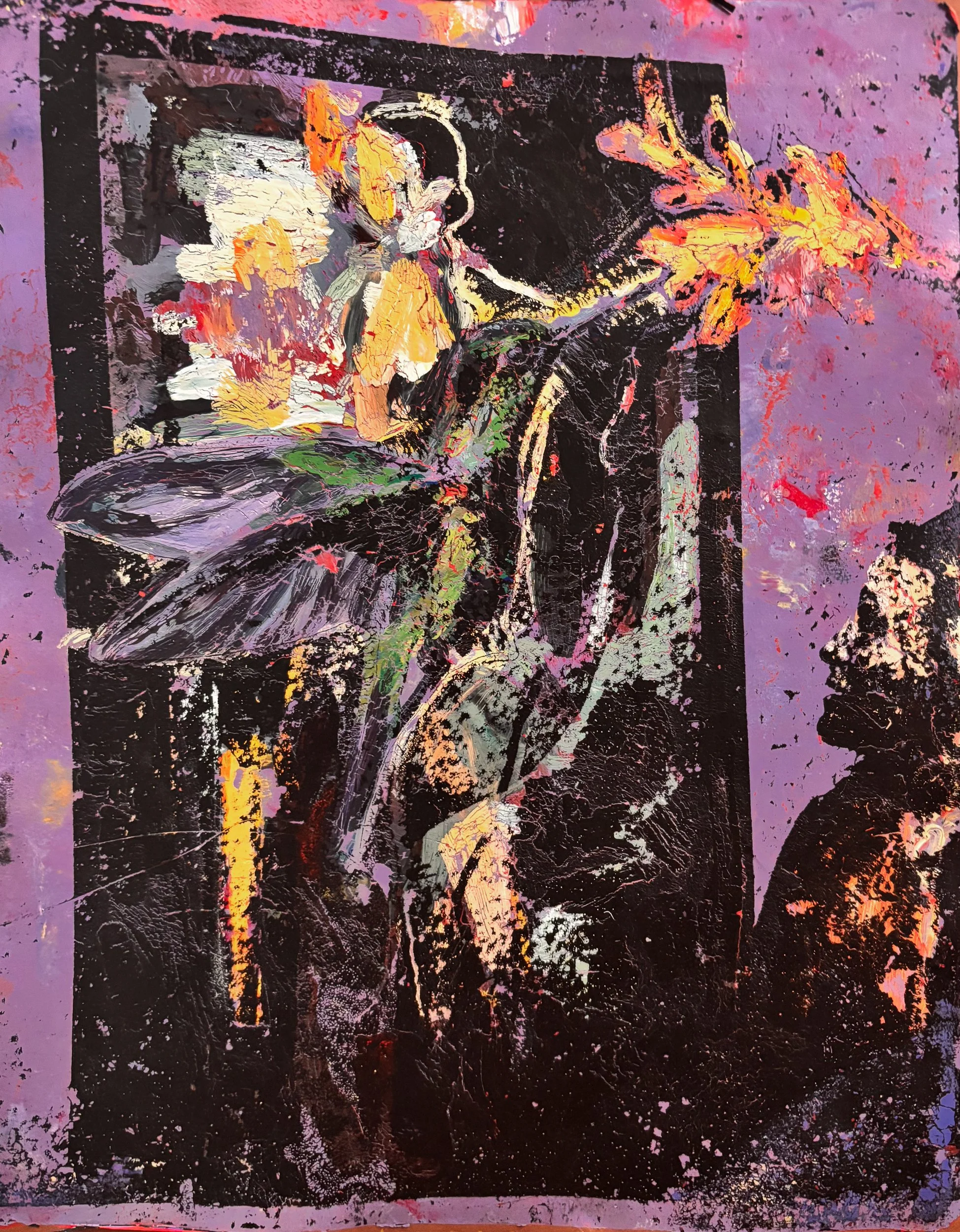 hummingbird  hearted in your glow, Acrylic Monotype on Paper, 10 x 8"