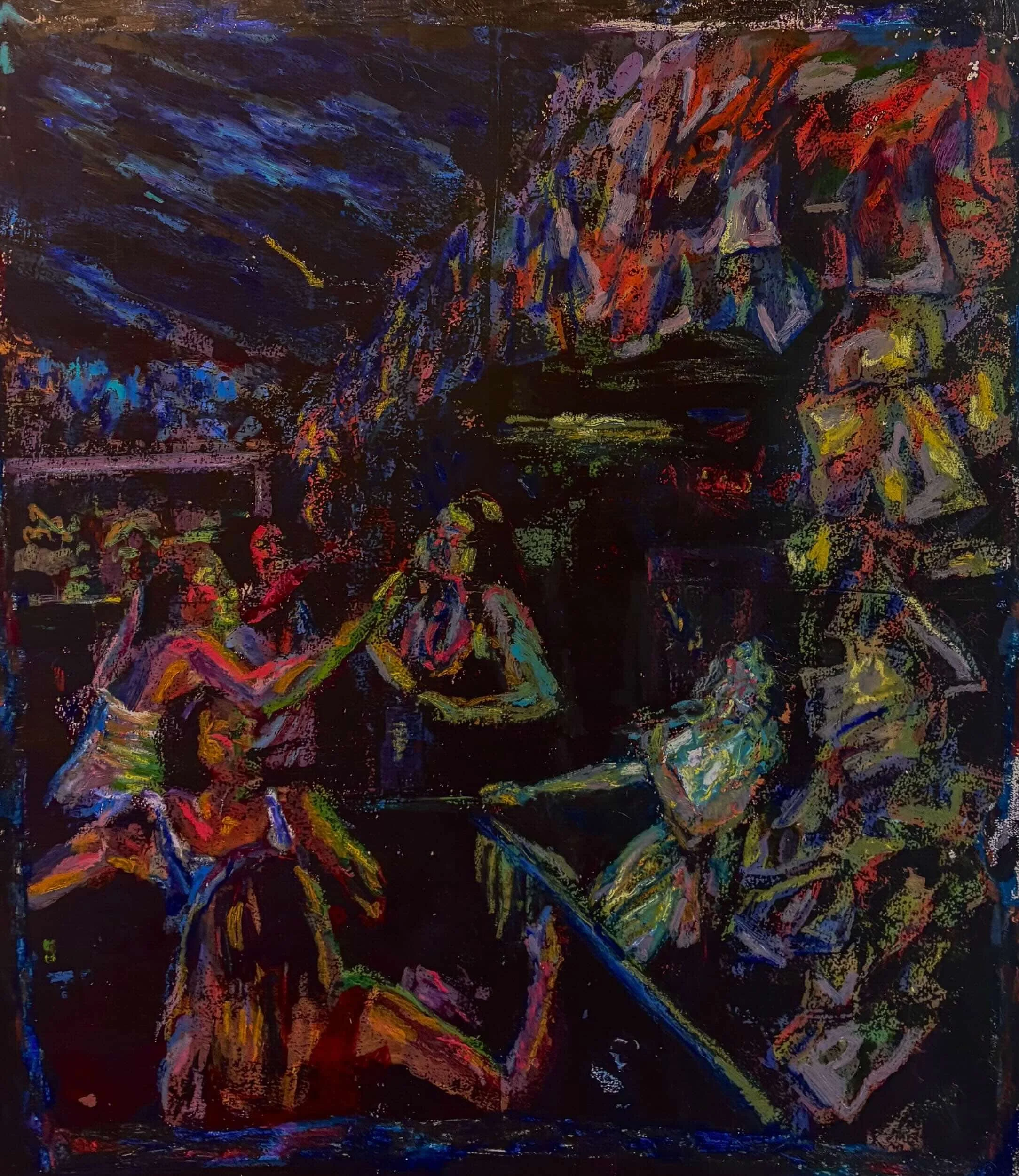 Dive Bar on the Boardwalk in Karaoke Color, Acrylic Monotype  on Paper, 24 x 18"