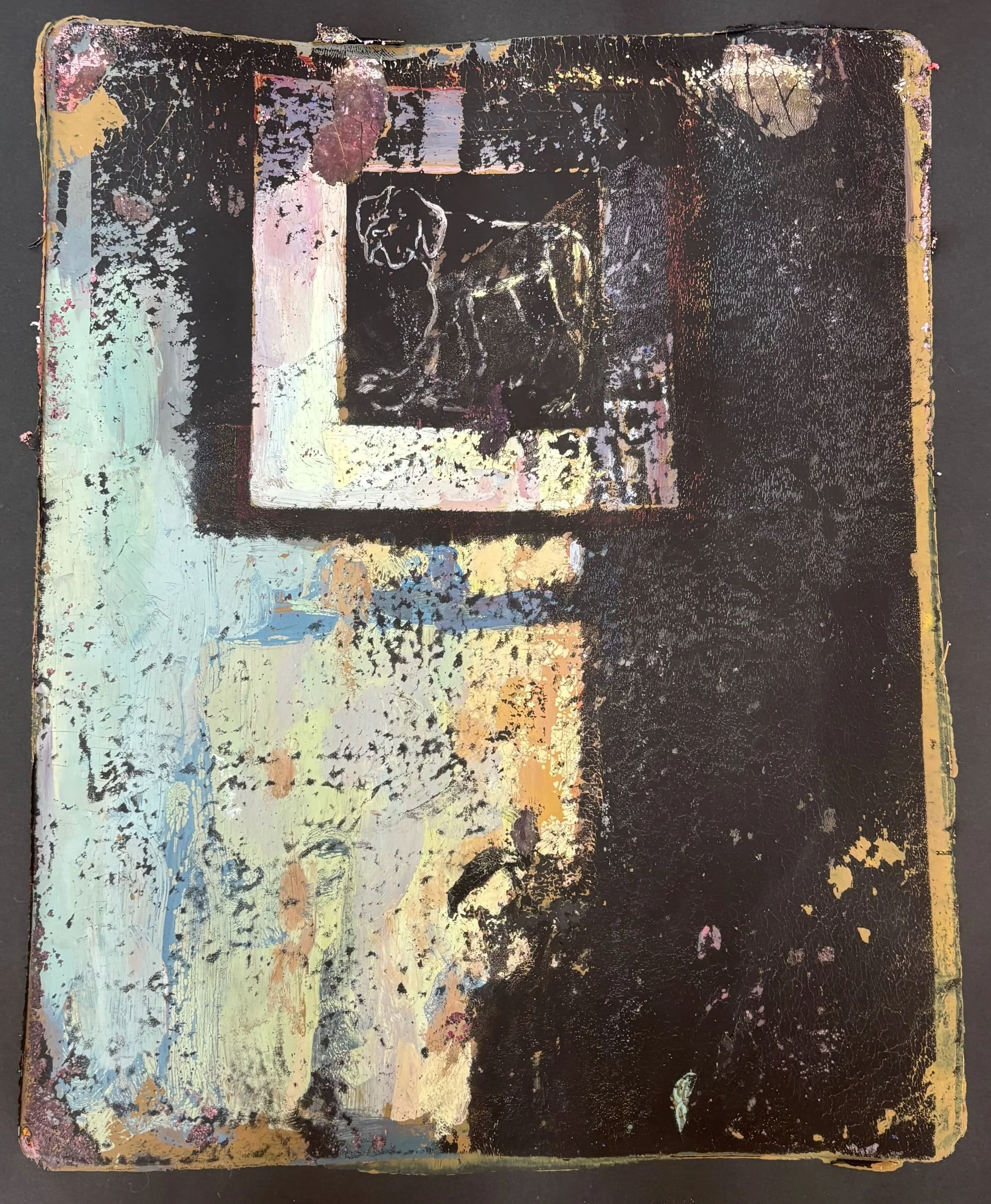 watchdog, bathing in sun, Acrylic Monotype on Paper, 10 x 8"