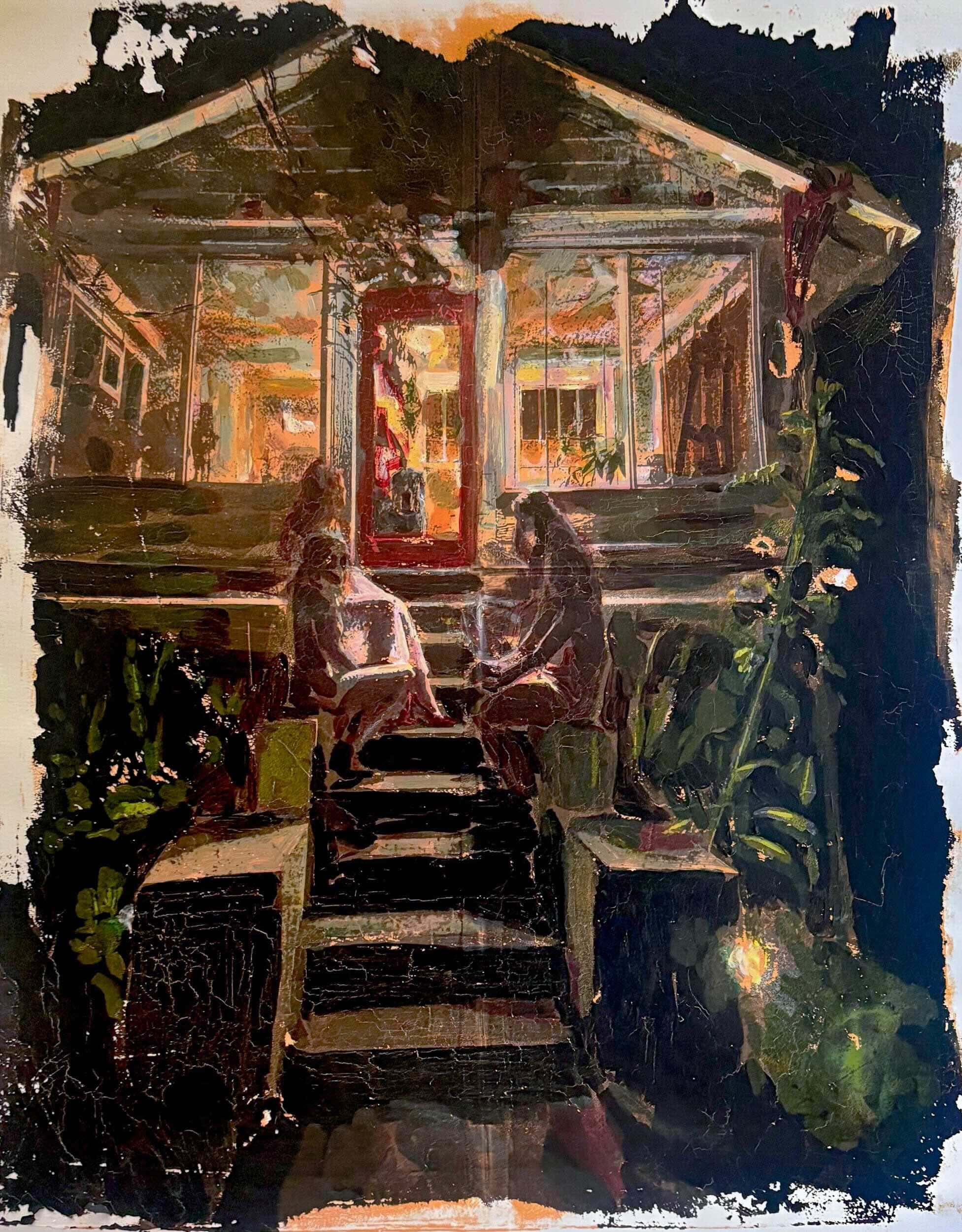 Find Us in the Moonlit Garden, Acrylic Monotype on Paper, 24 x 18"