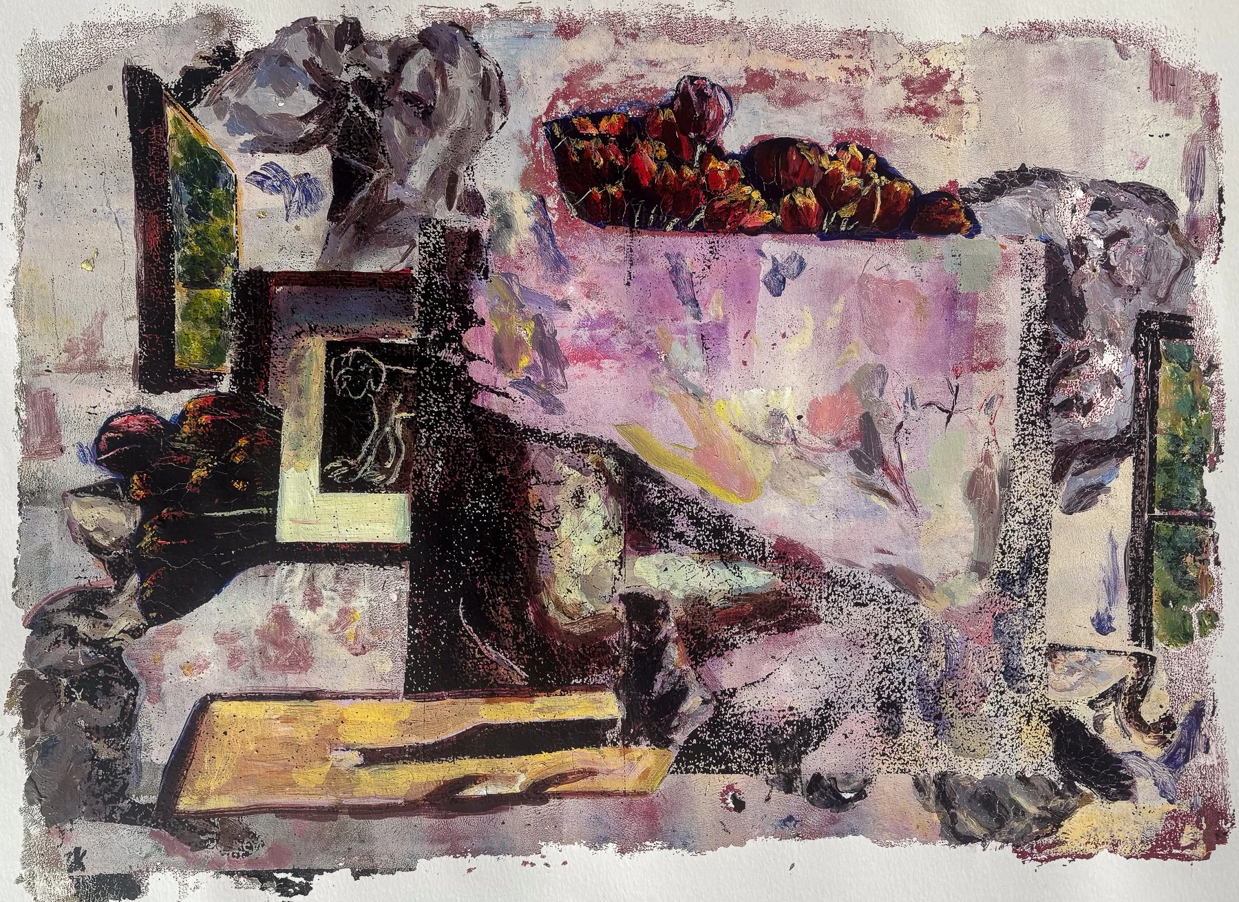 holding the waning light, Acrylic Monotype on Paper, 15 x 21"