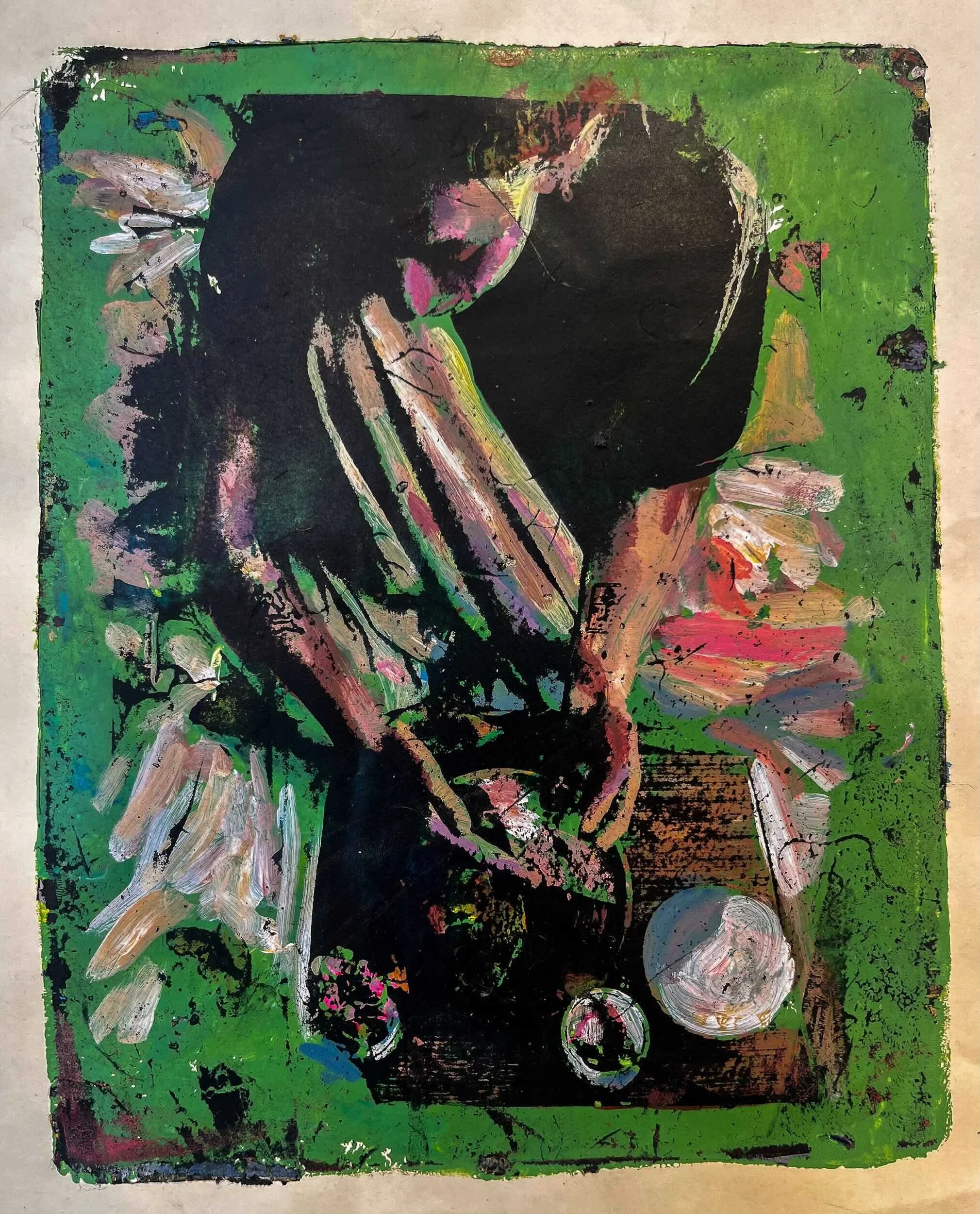 Breakfast in Bed, Acrylic Monotype on Paper, 10 x 8"