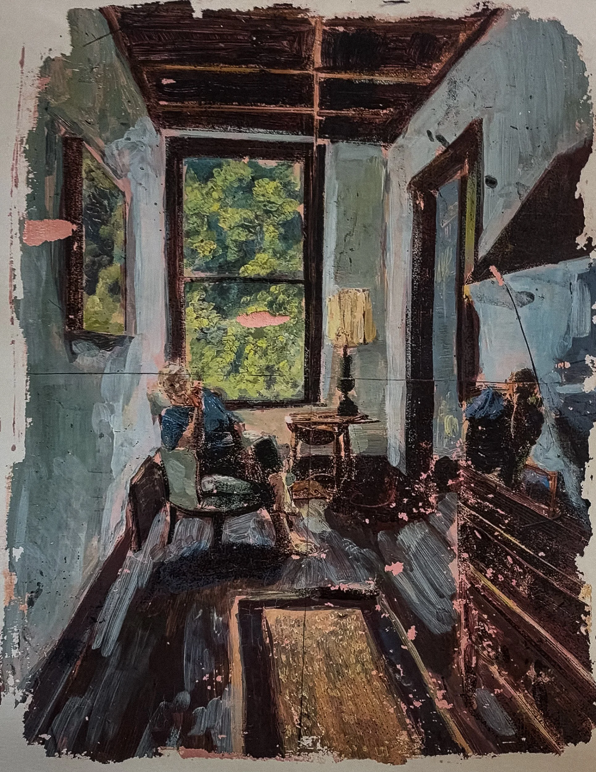 Gram at the Hotel, Acrylic Monotype on Paper, 24 x 18"