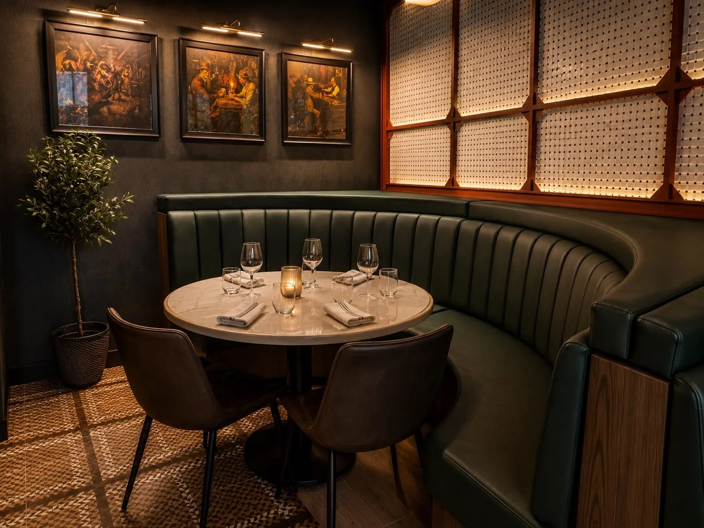 Elegant restaurant interior with a round marble table set with wine glasses, napkins, and a candle, surrounded by green leather seating and dark walls with framed artwork and warm lighting.