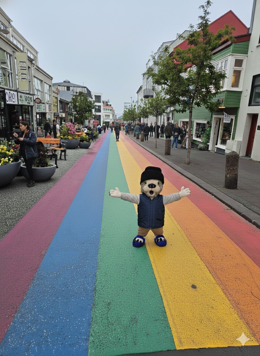 Cavving standing on the famous Skolavordustigur Rainbow Street, Reykjavik, Iceland