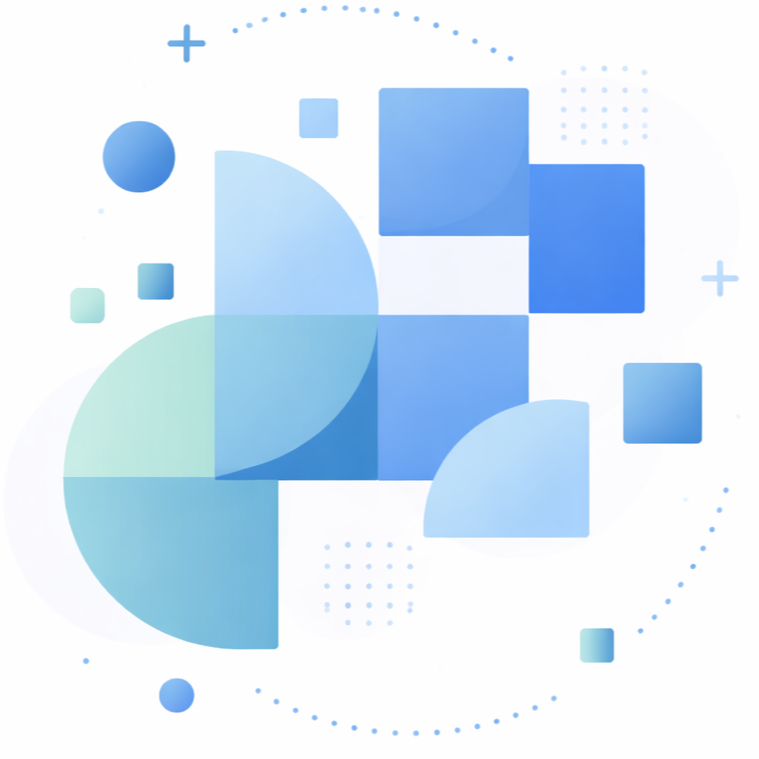 Abstract geometric shapes including circles and squares in shades of blue, arranged in a modern, tech-inspired pattern.