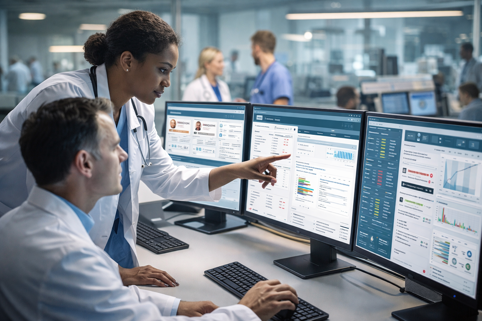 Two medical professionals, a woman and a man, are analyzing data on three computer monitors in a hospital setting. The woman is pointing at the screens, which display charts and patient information, while the man is seated and looking at the screens.