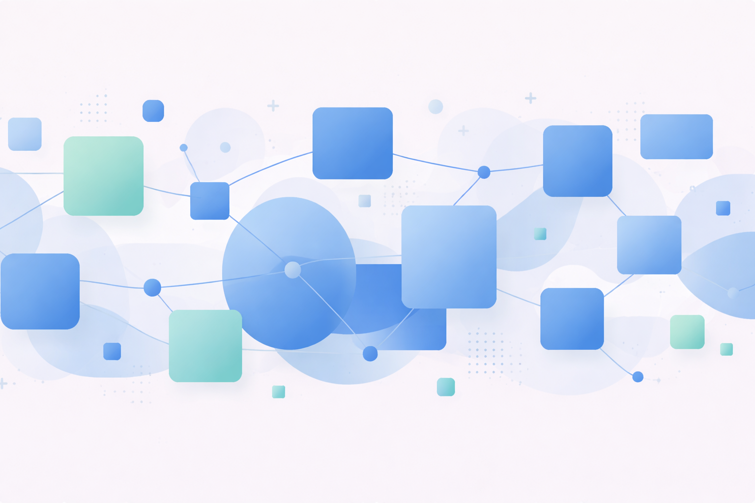 Abstract digital network illustration with interconnected blue and green squares and circles on a light background.