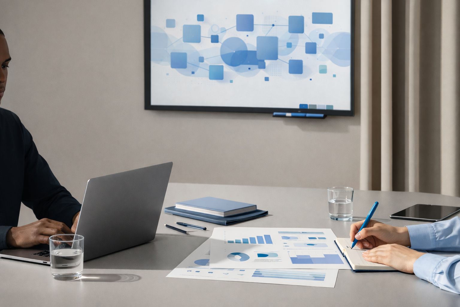 Business meeting with two people at a conference table, working on laptops and taking notes, with a presentation on a screen and data charts on the table.