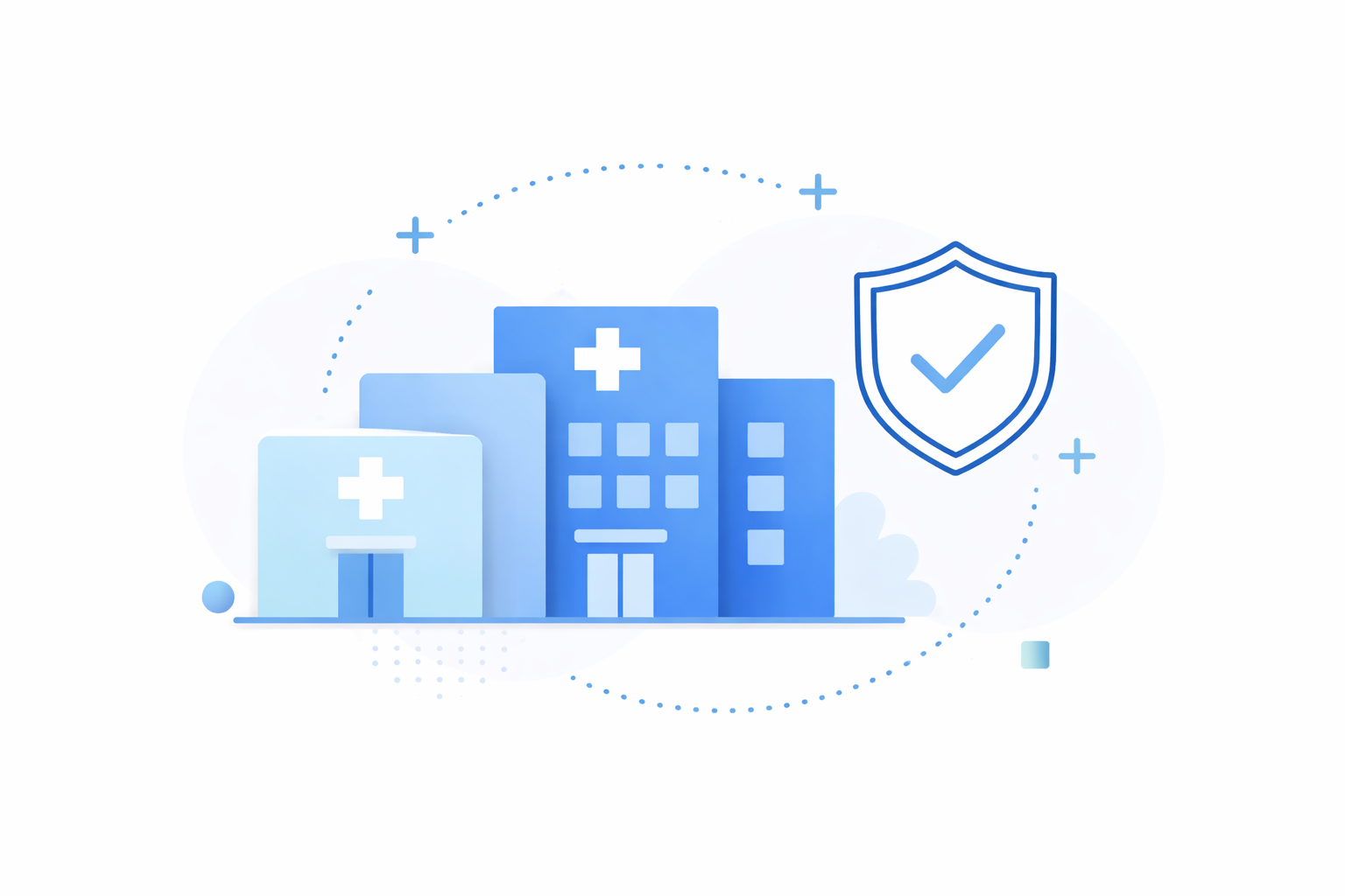 Illustration of hospital buildings with medical cross symbols and a shield with a checkmark, representing healthcare security or insurance.