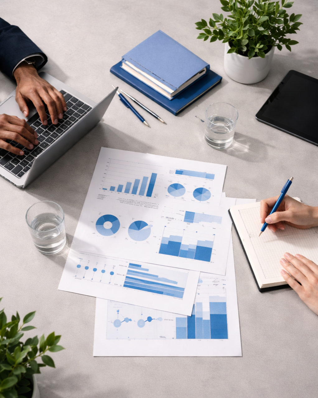 Business meeting with documents showing blue charts and graphs, a laptop, tablet, notebooks, pens, glasses of water, and plants on the table.