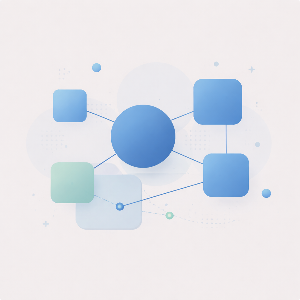 Abstract diagram with connecting blue squares and circles on a light background.