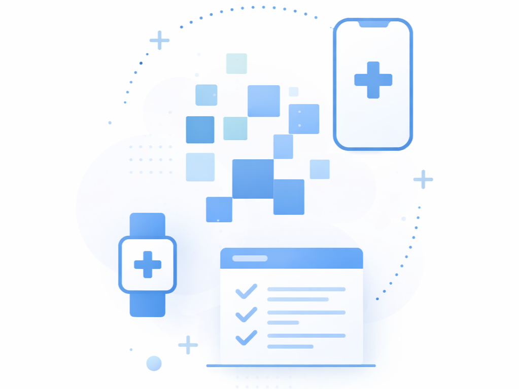 Digital health and remote medical monitoring with smartwatches, a mobile phone with a medical cross, and a checklist.
