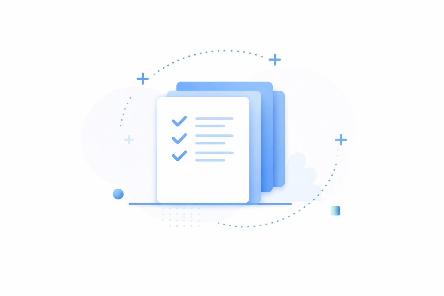 Digital illustration of a stack of documents or checklists with checkmarks, surrounded by abstract blue geometric shapes and dotted lines.