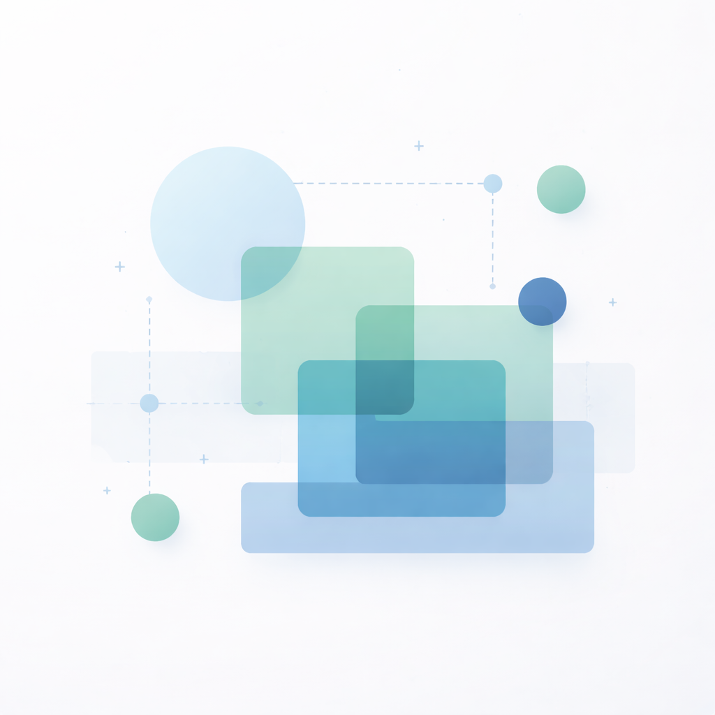 Abstract digital illustration with various semi-transparent squares and circles connected by dashed lines in blue, green, and teal shades.