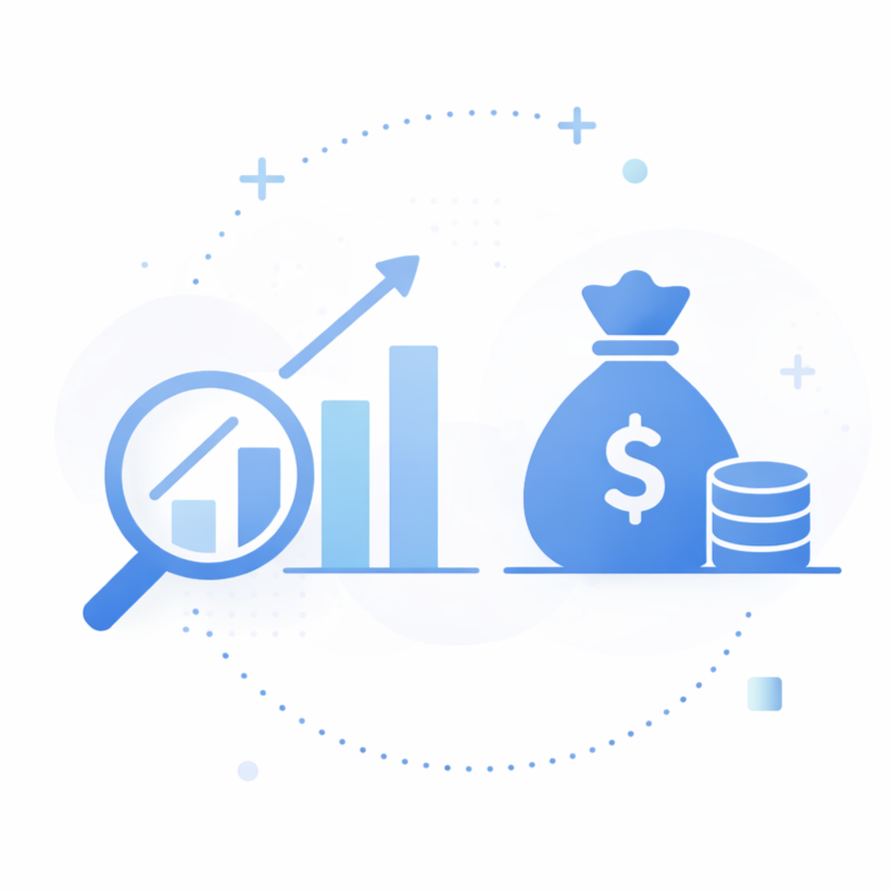 Illustration of a magnifying glass with a bar chart inside, upward arrow, and a money bag with dollar sign next to coins, representing financial growth and investment analysis.