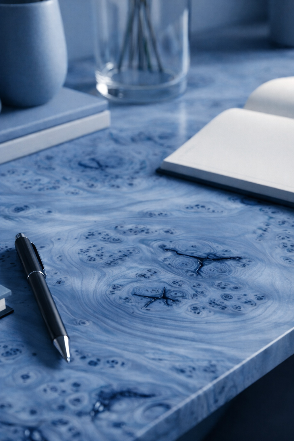 Blue marble-patterned desk with a black pen, a white notebook, a glass container with plants, a blue vase, and stacked books.