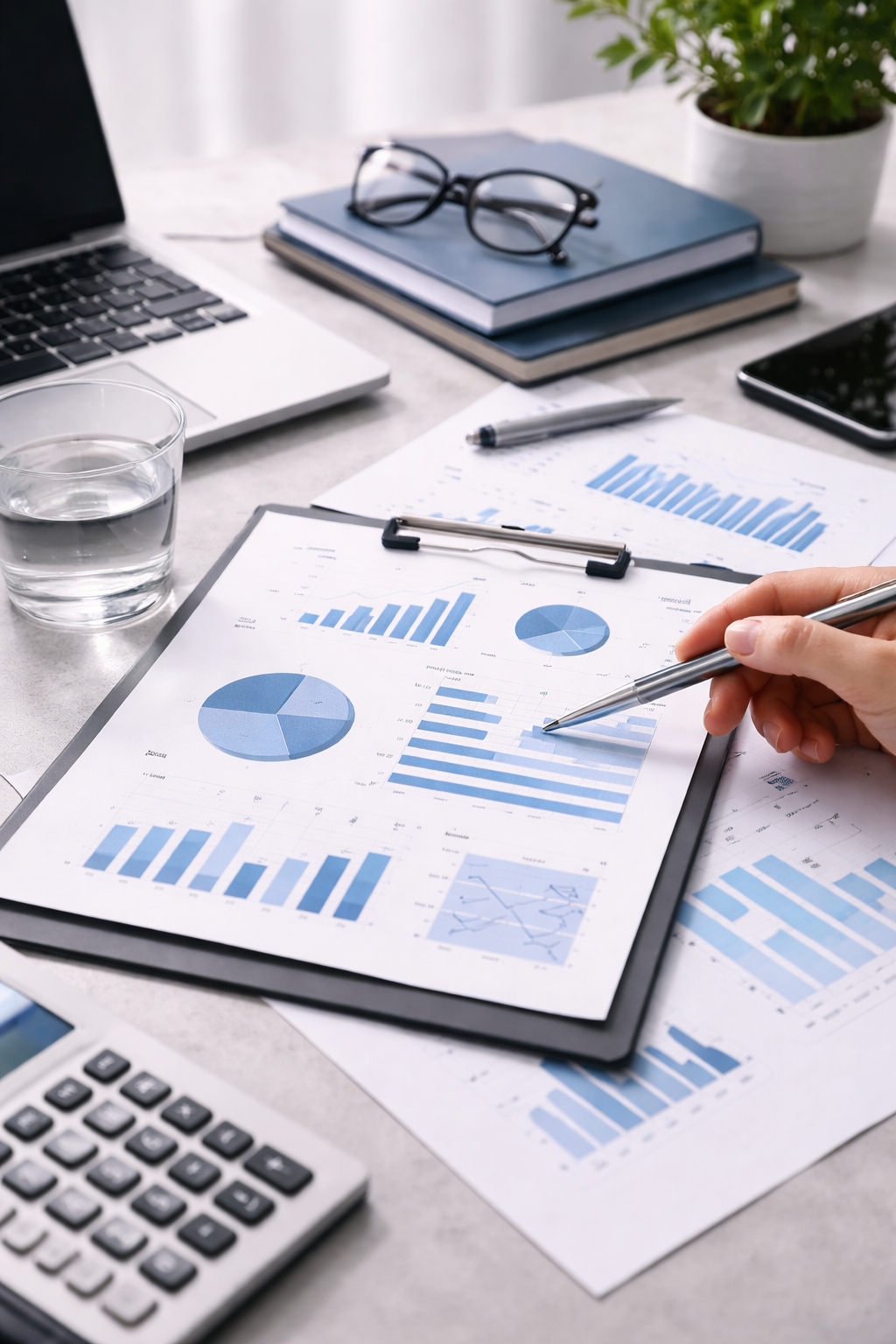 Business workspace with charts and graphs on paper, a laptop, a calculator, a pen, a glass of water, glasses, notebooks, a smartphone, and a potted plant.