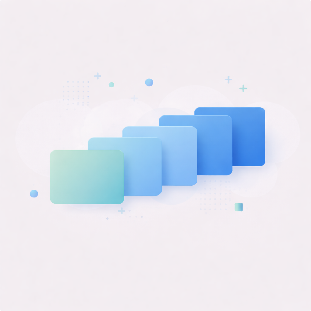 A digital graphic showing six layered blue and green rectangles, gradually increasing in size from left to right.