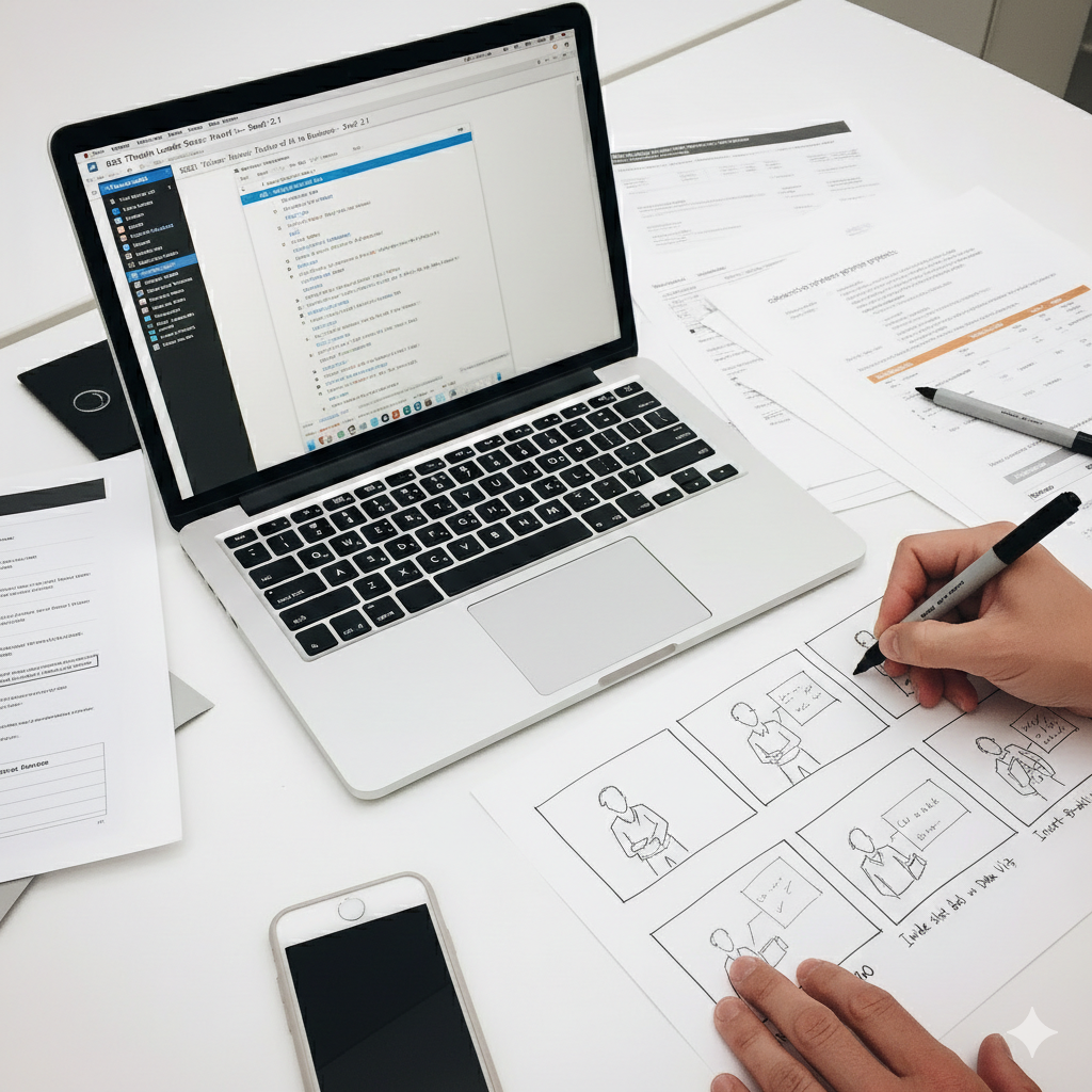 A laptop, smartphone, and multiple sheets of paper with sketches and documents on a white desk, with a person's hand drawing on one of the sheets.