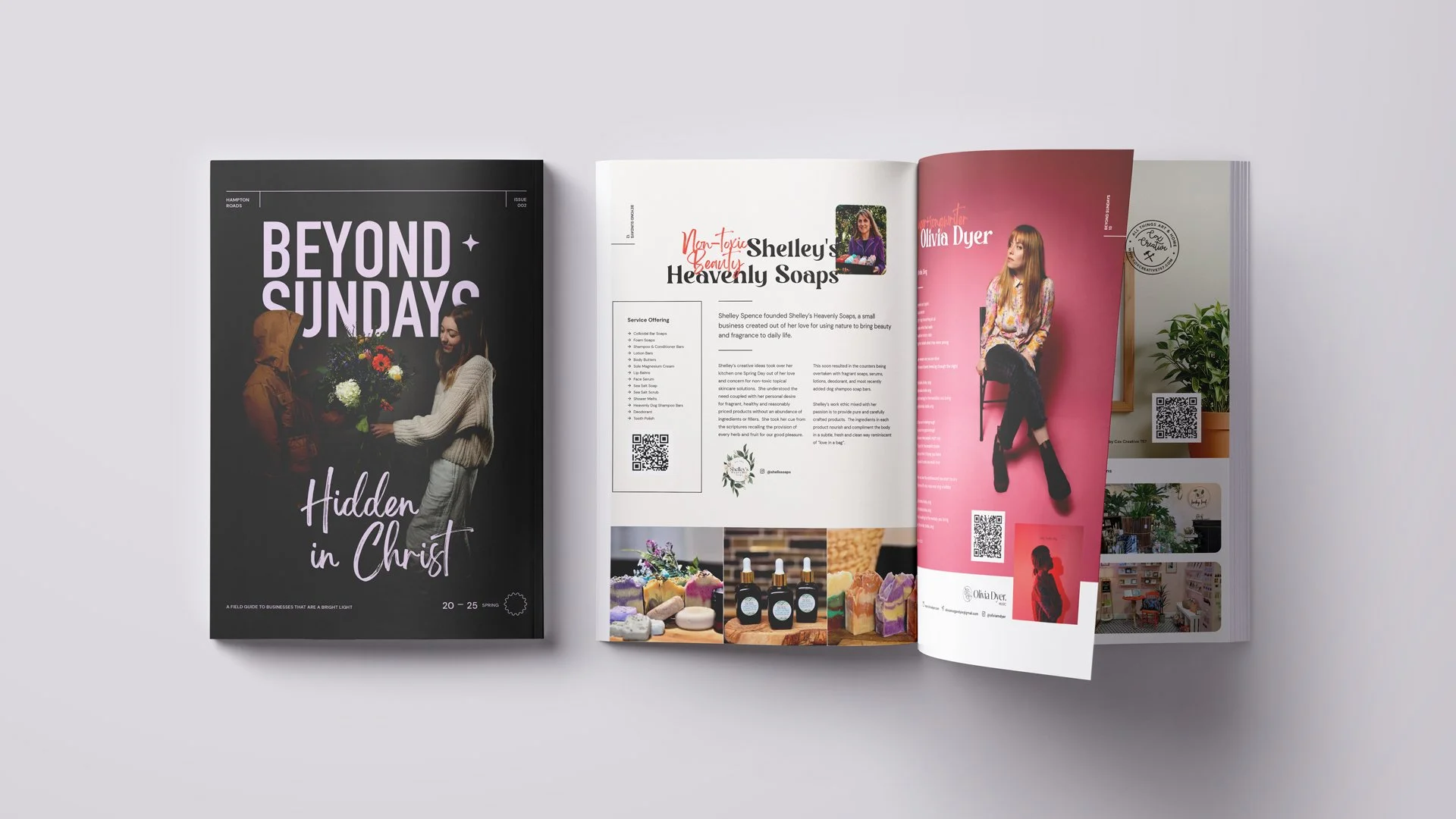 Open magazine with colorful pages, featuring an article about Shelley Spence's Heavenly Soaps, a woman sitting on a pink chair on a pink page, and a cover titled "BEYOND SUNDAYS" with a woman holding a bouquet of flowers.