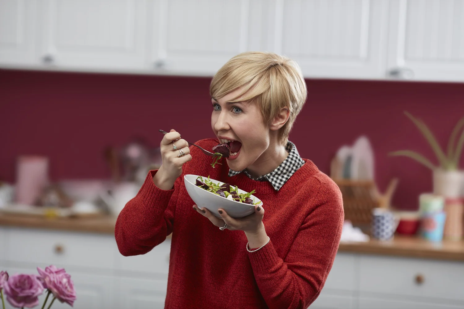 food styling for stills photography for Tesco Delivery Vans beetroot salad in white bowl