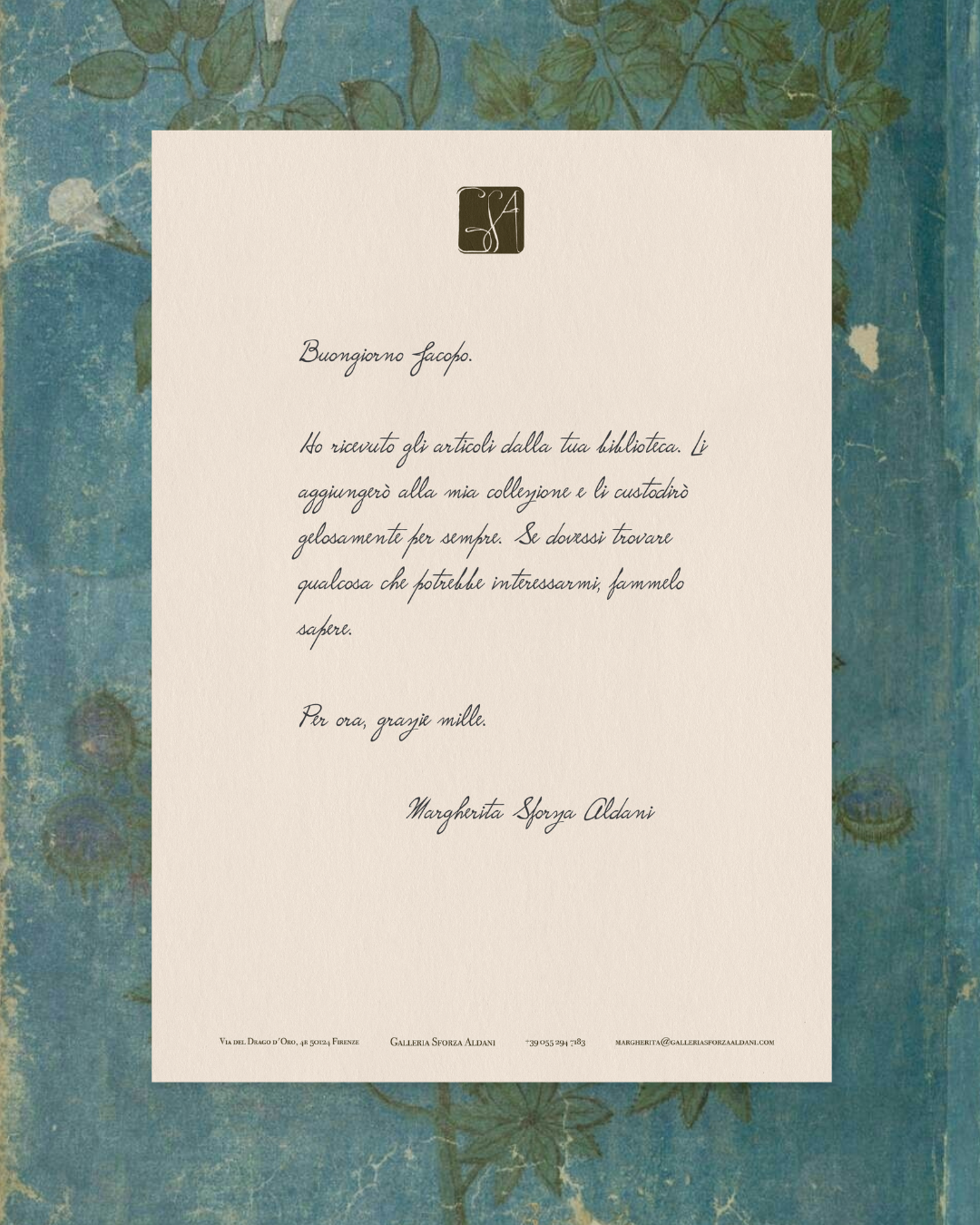 a handwritten letter on a blue background