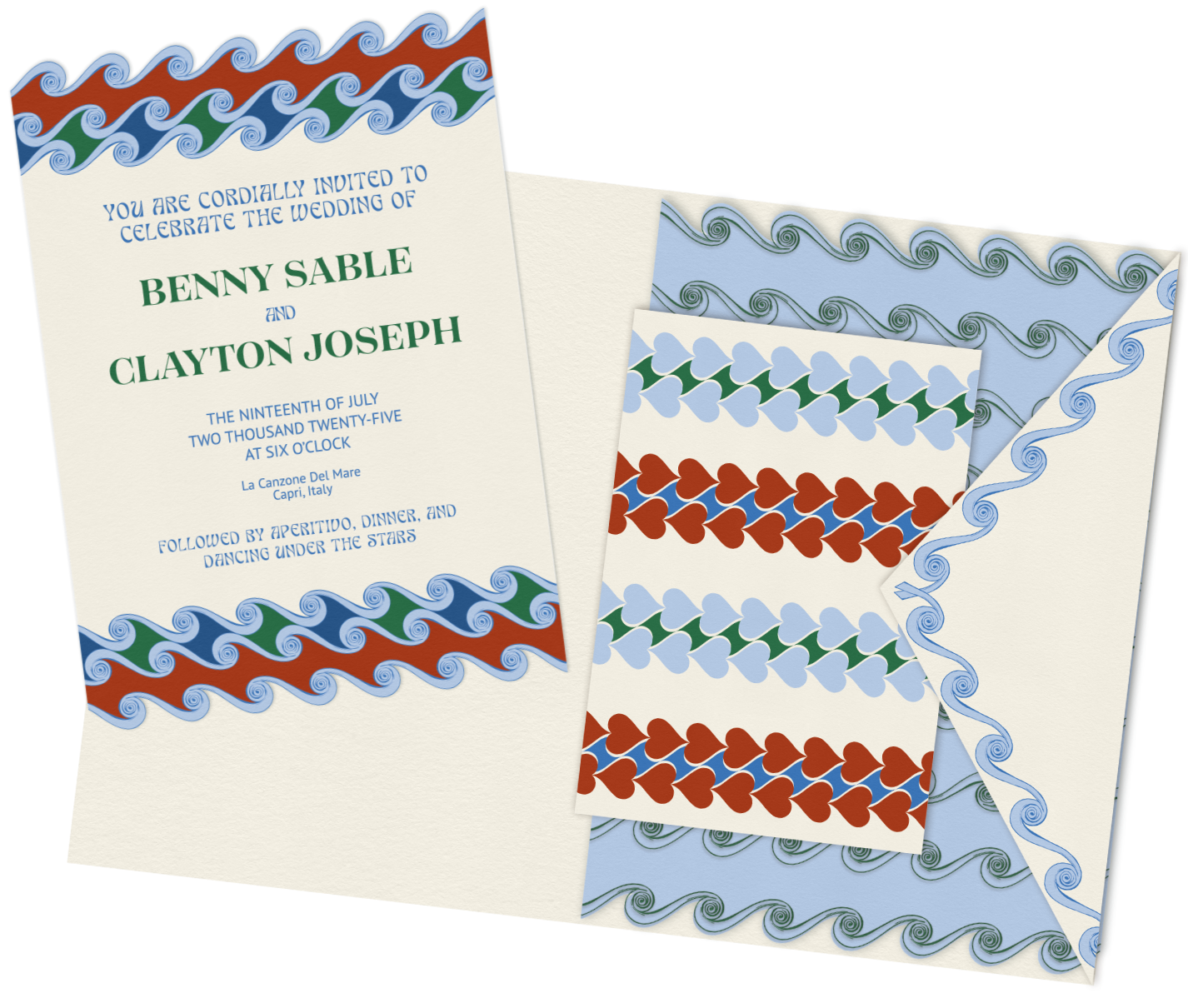 wedding stationary with wave and heart pattern