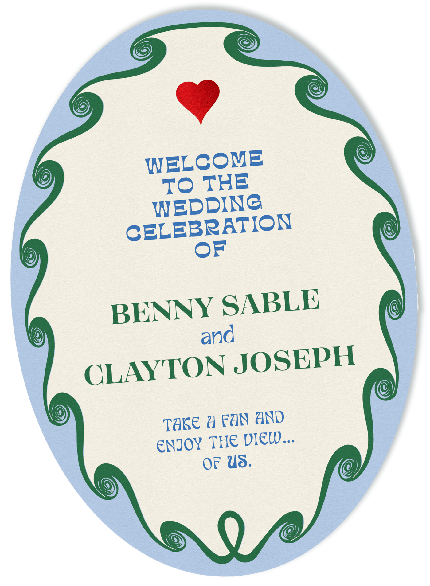 oval wedding welcome sign with a wave border