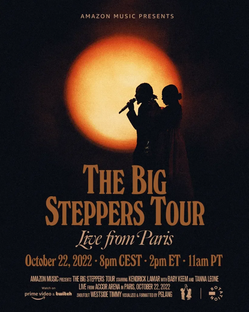 Silhouette of two women, one holding a microphone, standing in front of a large orange setting sun, promotional poster for The Big Steppers Tour live from Paris, October 22, 2022.