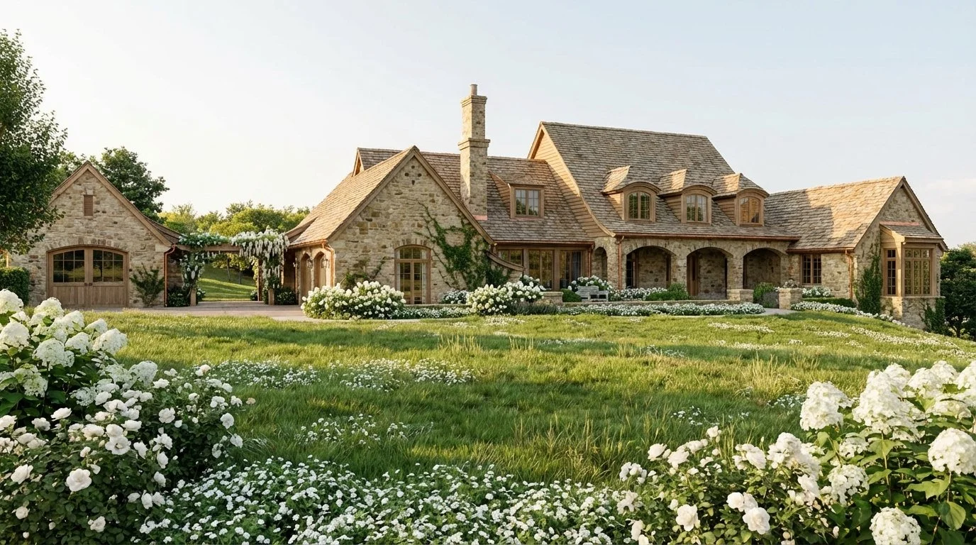 Stone French country estate, custom home Nashville, with lush landscaping and elegant architectural details.