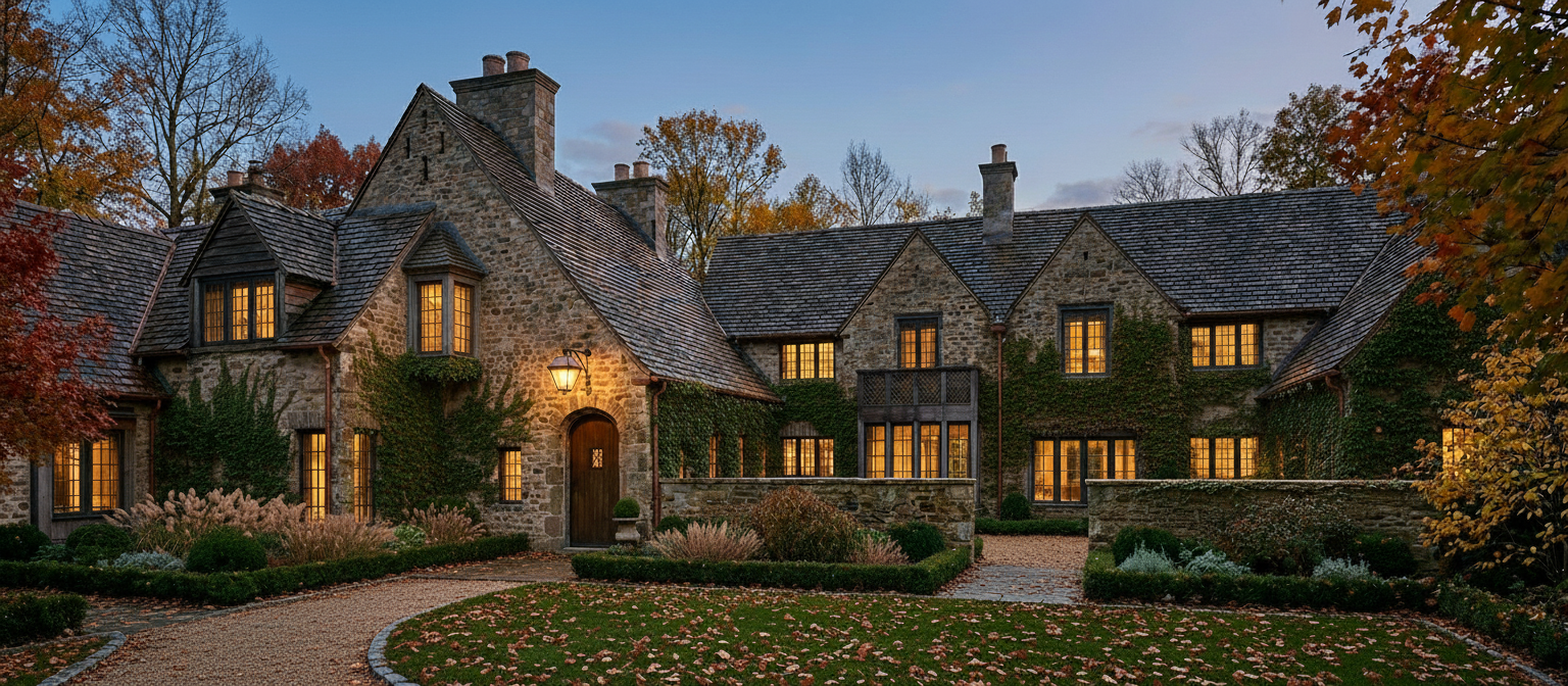Stone exterior of a custom home in Middle Tennessee with ivy and autumnal foliage.
