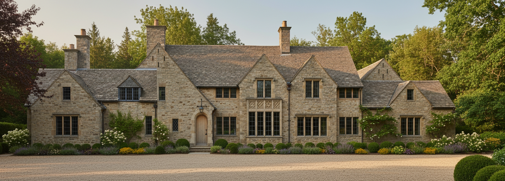 Large stone house with multiple gabled roofs, several chimneys, and a front garden with bushes and flowers.