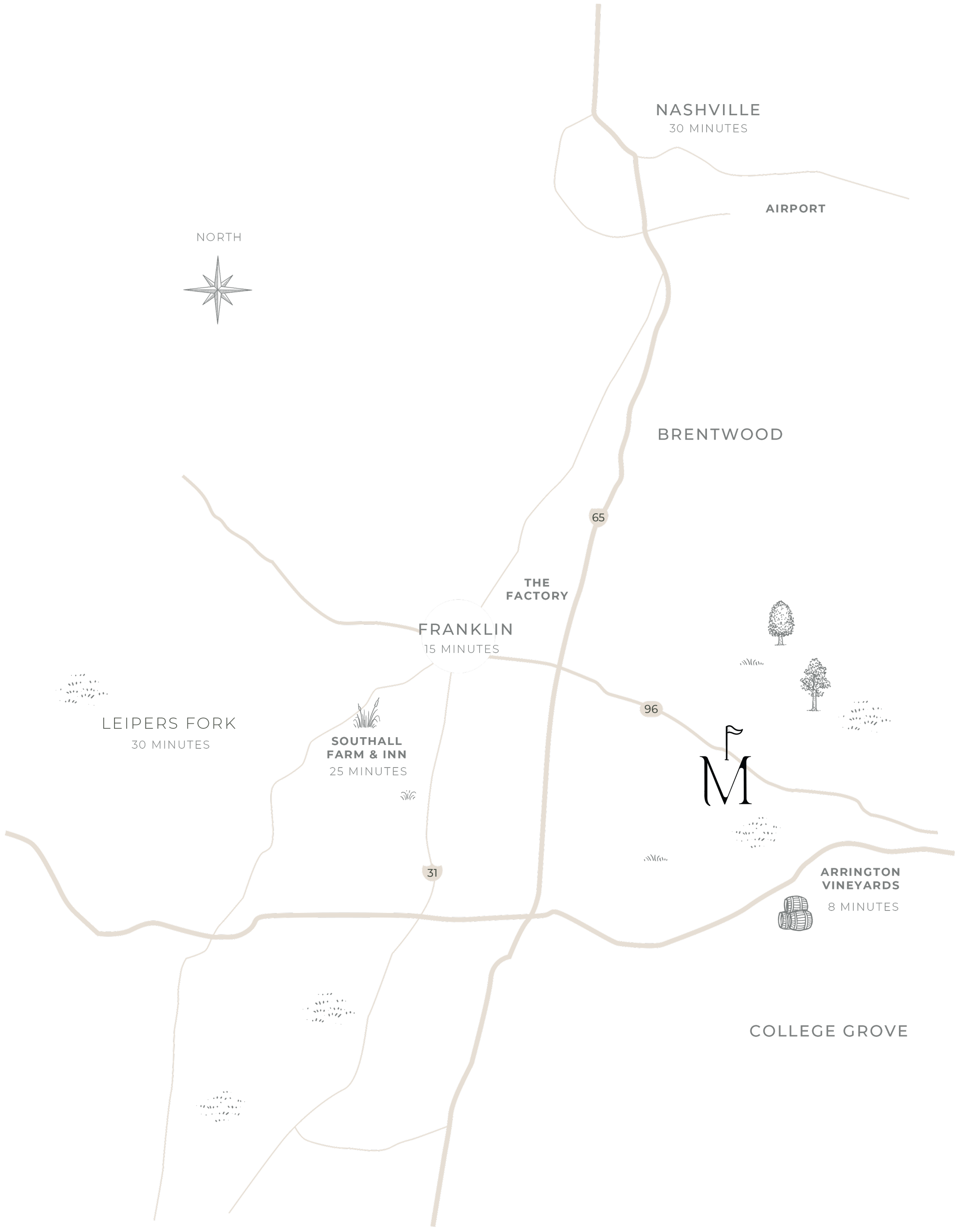 Map showing Franklin TN and surrounding areas, including Nashville. Whitestone Luxury Homes builds in Middle Tennessee.