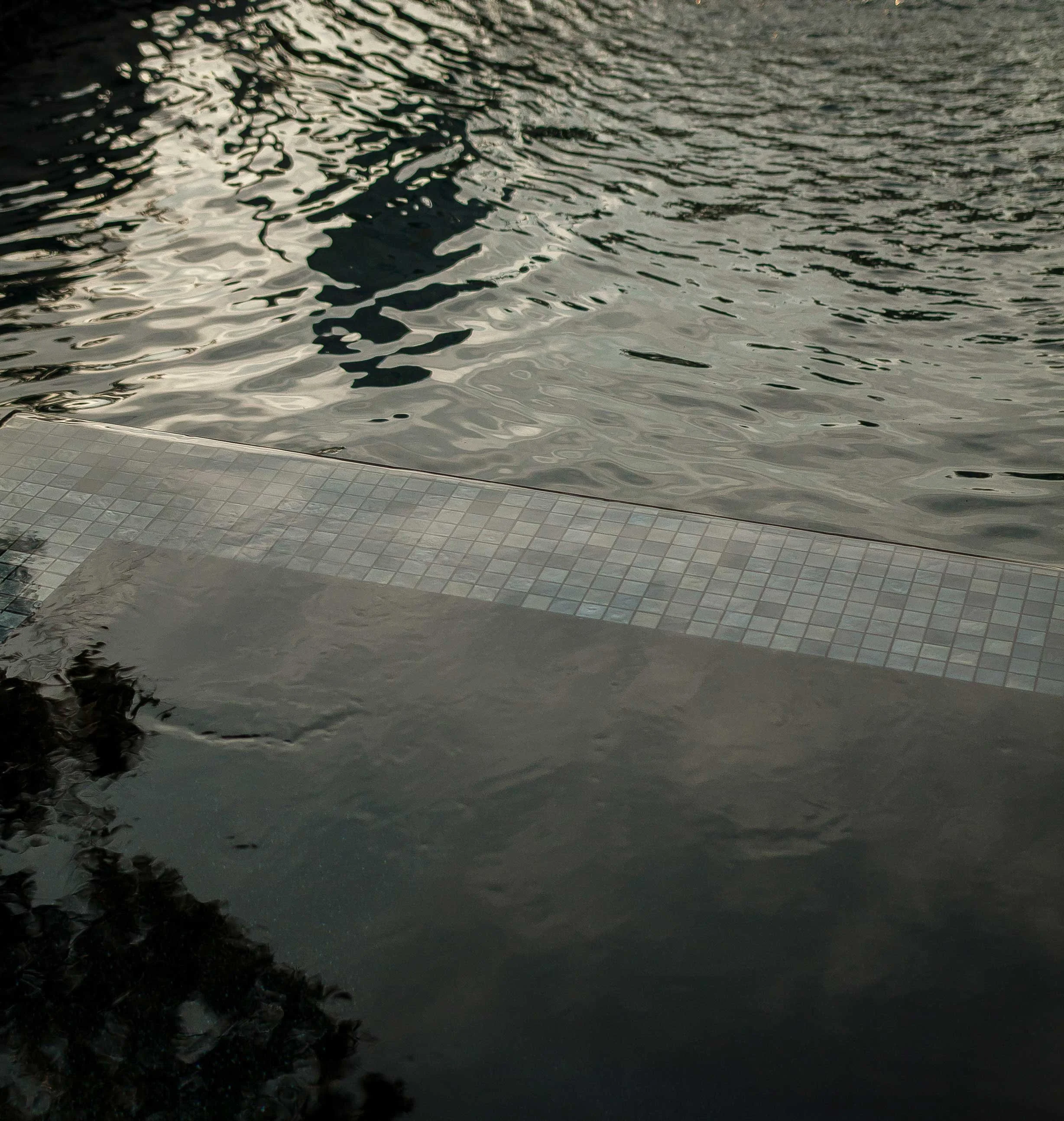 Modern swimming pool with dark tile, reflecting sky. Custom home Nashville.