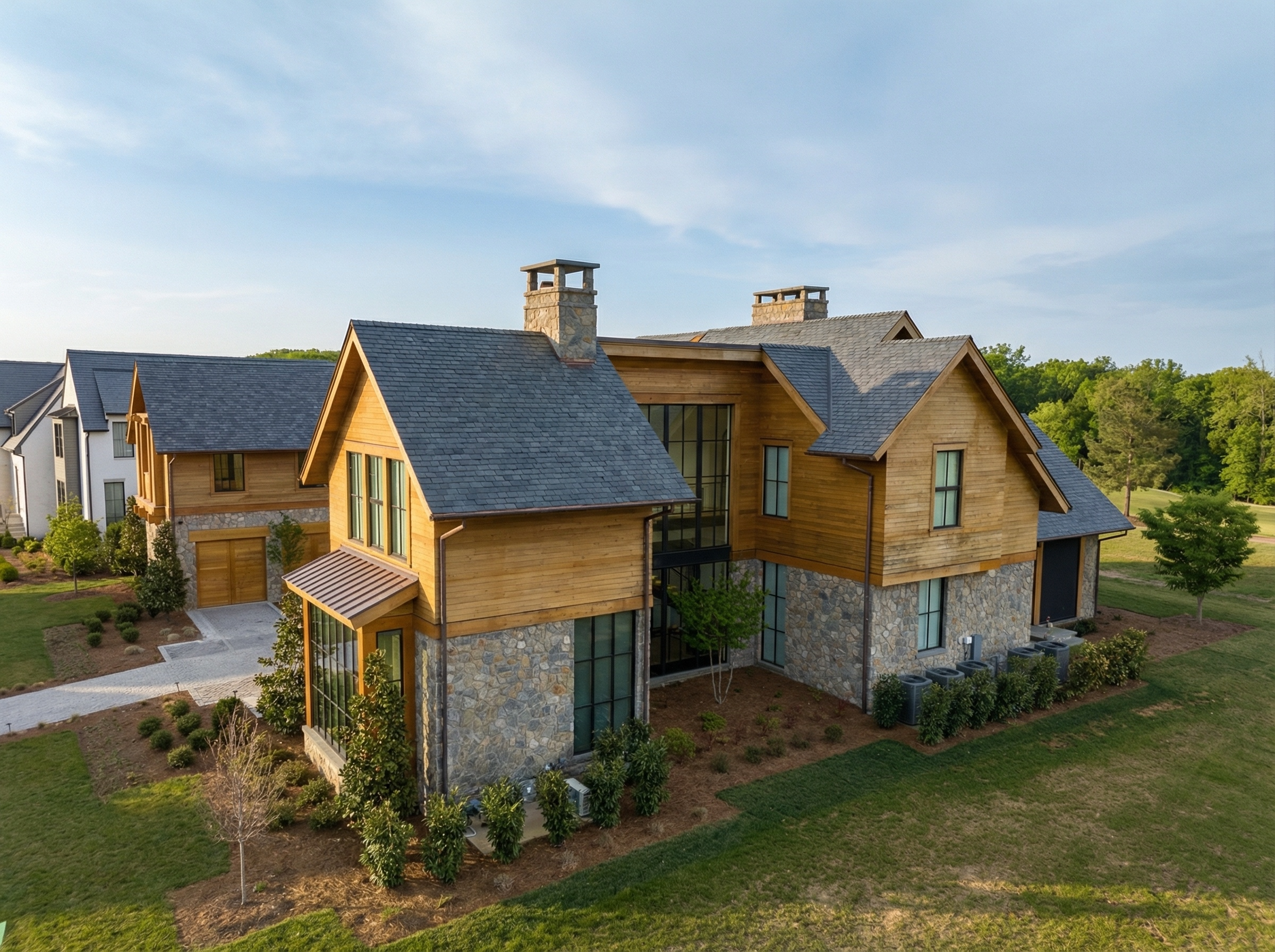Modern farmhouse style custom home Nashville. Wood siding and stone exterior with beautiful landscaping.