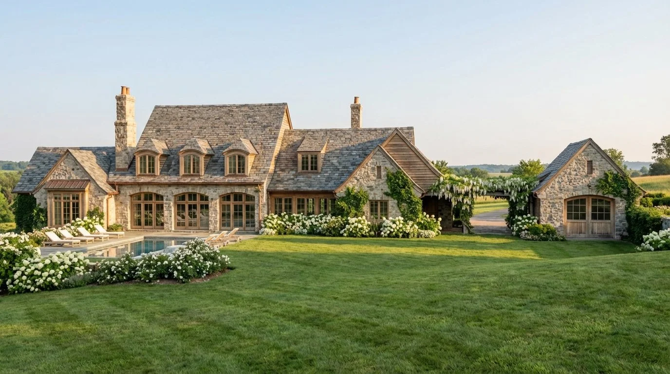 Stone French country custom home in Middle Tennessee with a pool and manicured lawn.