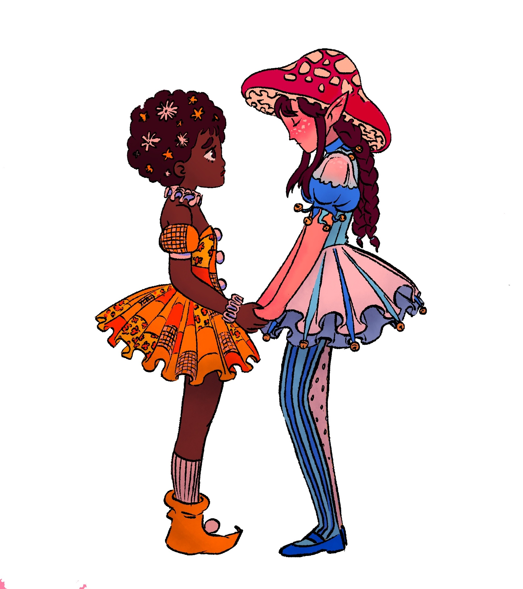 A fantasy illustration of two characters, a dark-skinned girl with curly hair decorated with flowers, wearing an orange and black patterned skirt and orange boots, and a fair-skinned girl with pointed elf ears, long braided hair, wearing a red mushroom-shaped hat, a pastel pink and purple dress, and striped blue and pink tights, holding hands and looking at each other.