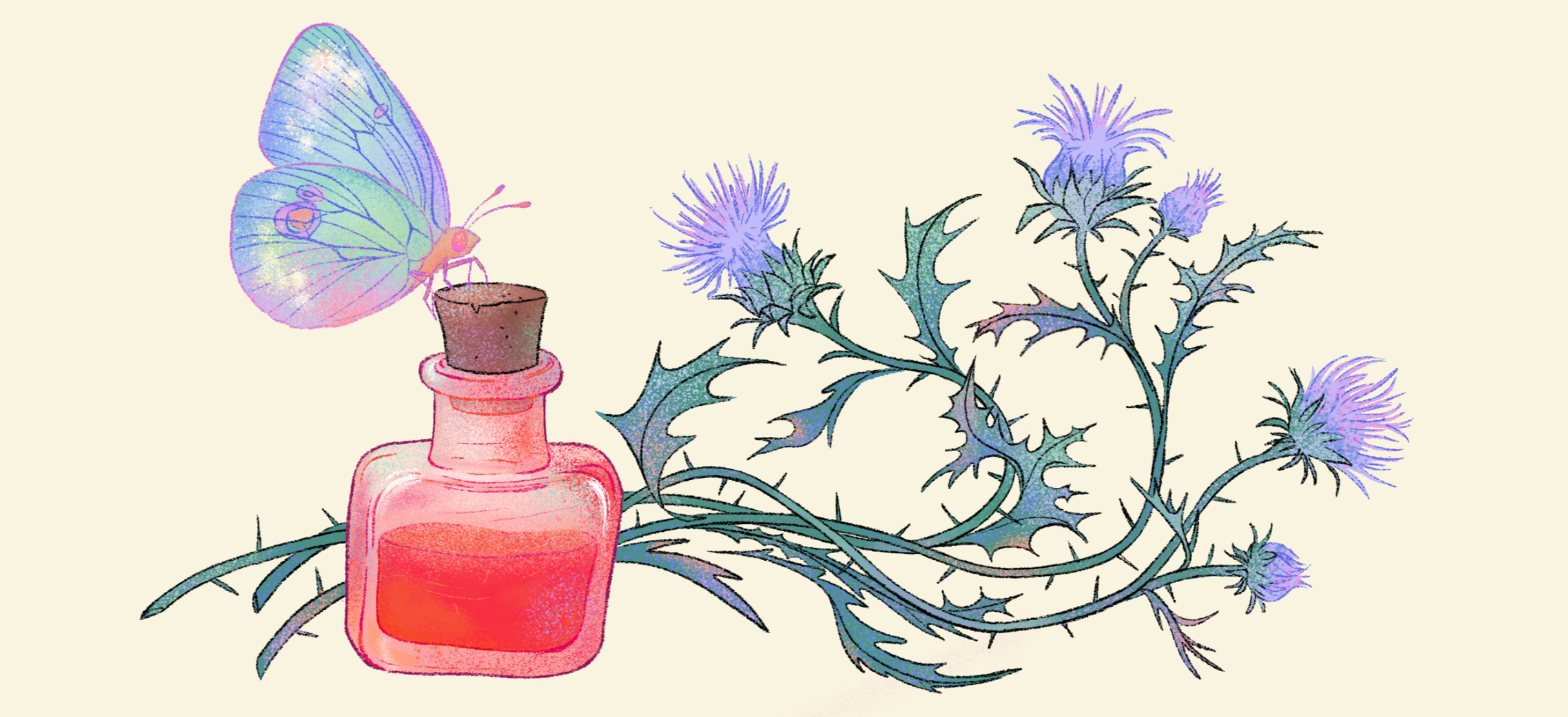 A pastel-colored illustration of a blue butterfly perched on a pink perfume bottle next to a thistle plant with purple flowers.