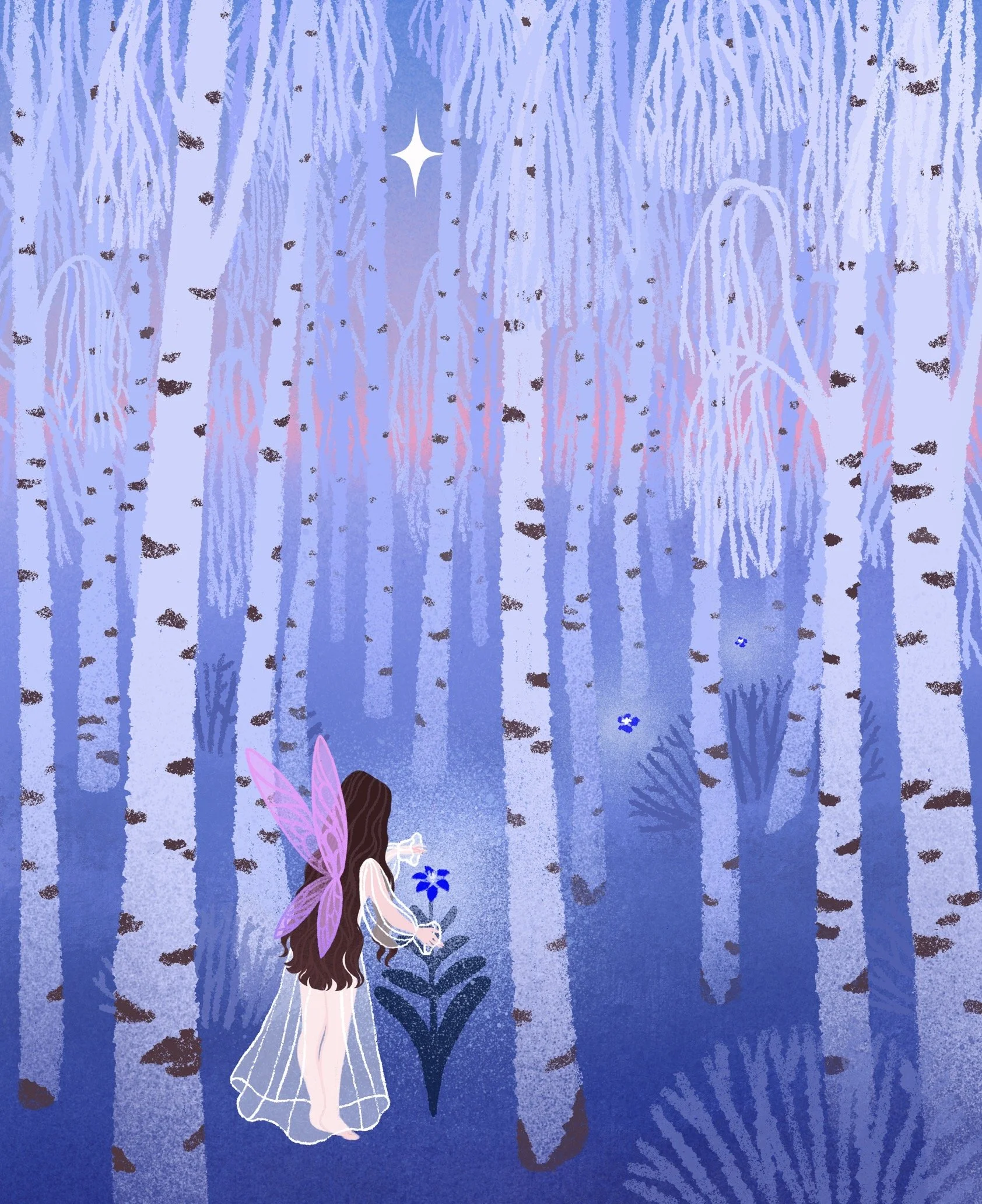 A fairy with butterfly wings and long hair standing in a forest of tall, thin trees with blue and purple hues, and small blue flowers on the ground.