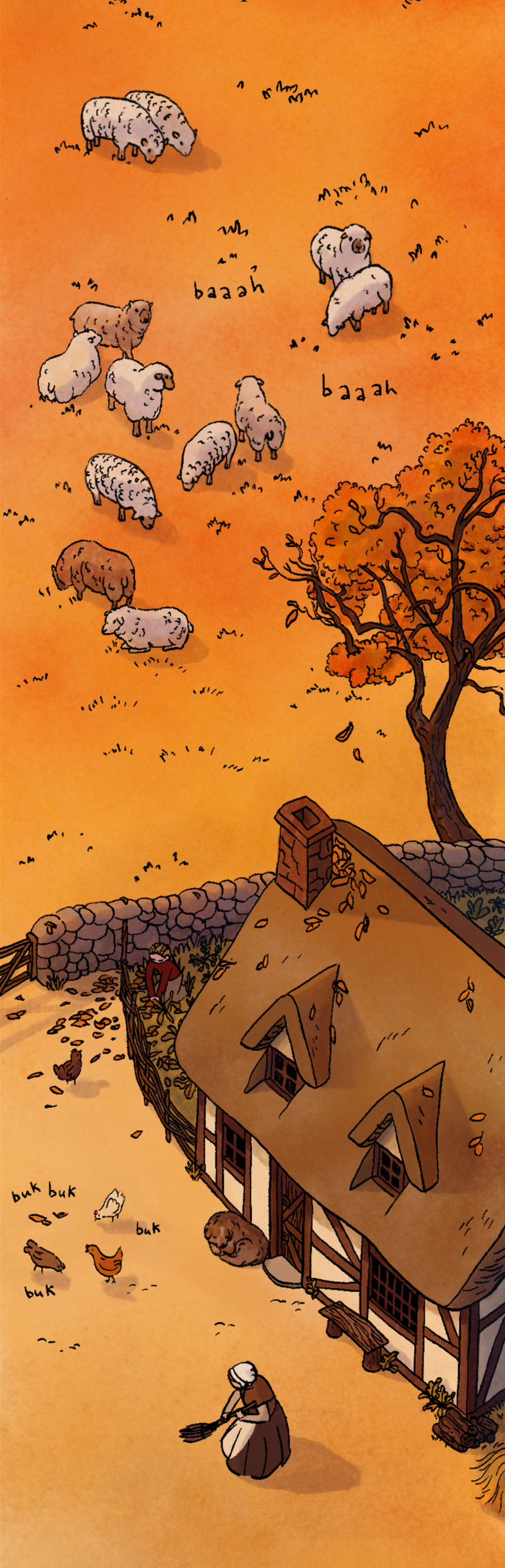 A cartoon illustration of a farmyard scene during autumn. A woman is sweeping leaves outside a cottage with a thatched roof, while chickens roam nearby. Several sheep graze on the grassy field, and an autumn tree with orange leaves stands near the house. The scene depicts a peaceful, rustic farm environment.