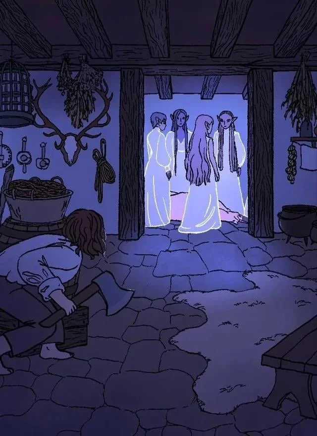 A person with long hair and a beard, dressed in medieval clothing, sitting on a stool and holding an axe, inside a rustic cabin with stone floor, wooden beams, and hanging herbs. Outside the open door, four figures in flowing white robes stand in a doorway, against a blue background.