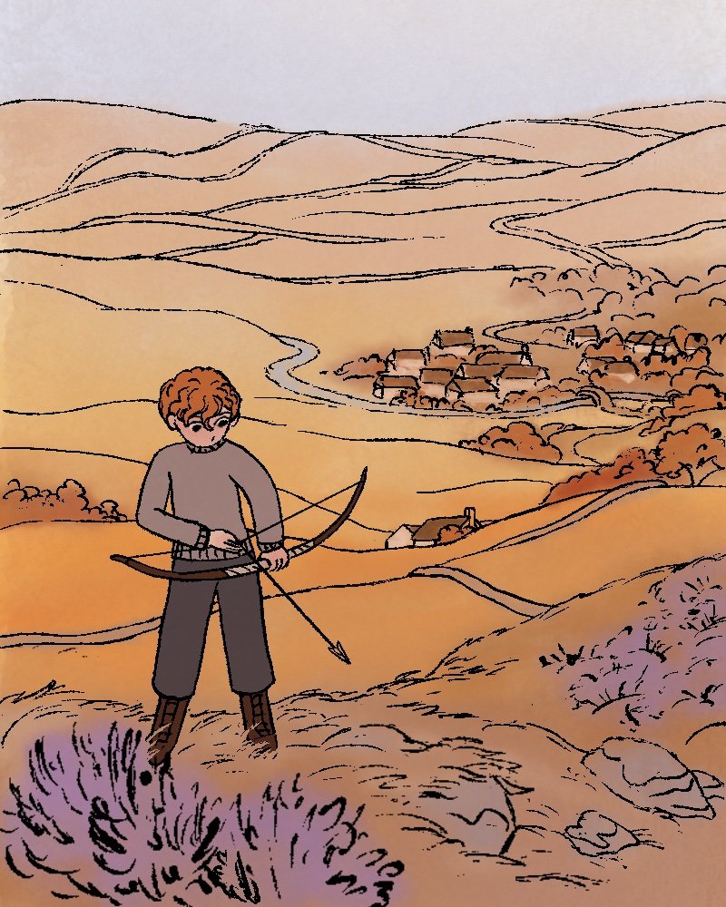 A person with curly hair holding a bow and arrow, standing on a grassy hill overlooking a village in a valley with winding roads and mountains in the background.