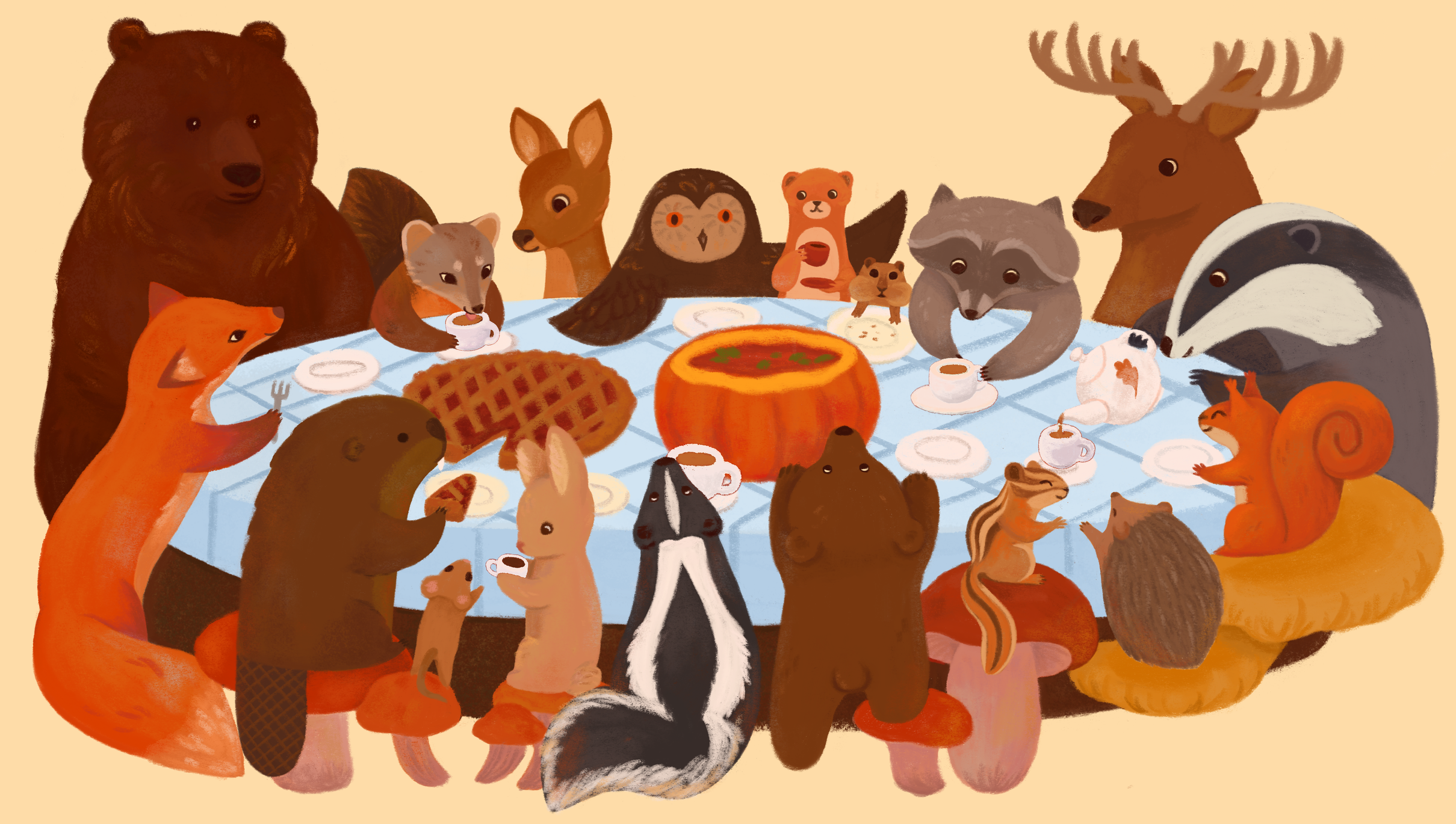 Illustration of various animals having a meal together around a table, including a bear, fox, rabbit, owl, squirrel, raccoon, moose, and others in a cartoon style.