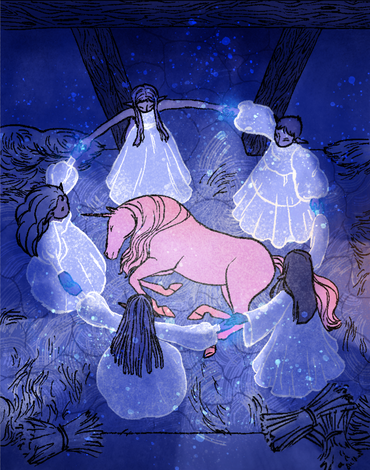 Illustration of five ethereal girls with elf-like ears and long hair, surrounding and gently touching a pink unicorn inside a cozy barn with wooden beams, under a starry night sky