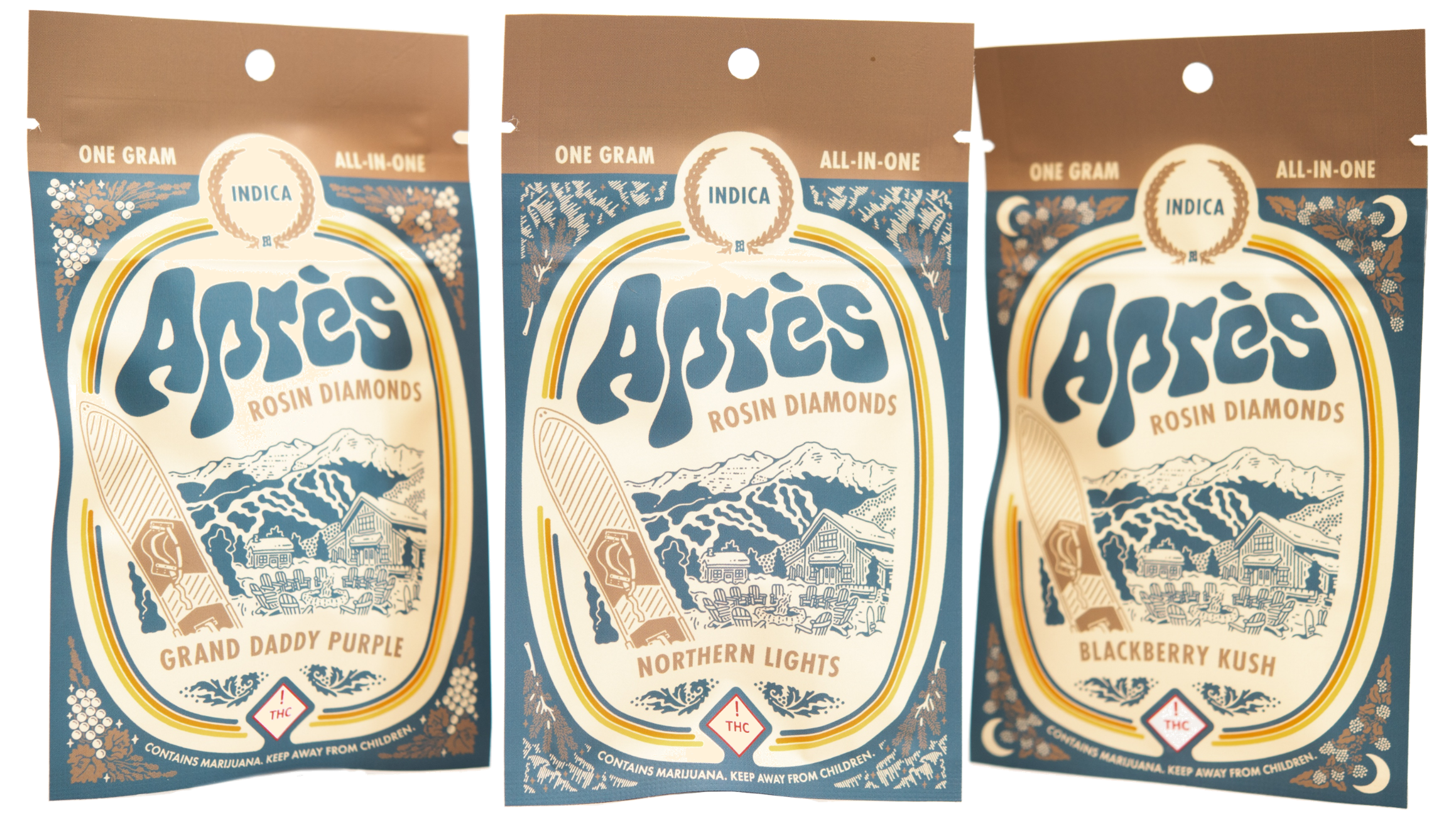 Apres Rosin Diamond Packaging, featuring strains: Northern Lights, Grand Daddy Purple, and Blackberry Kush. Retro Ski design Après Rosin Diamonds.
