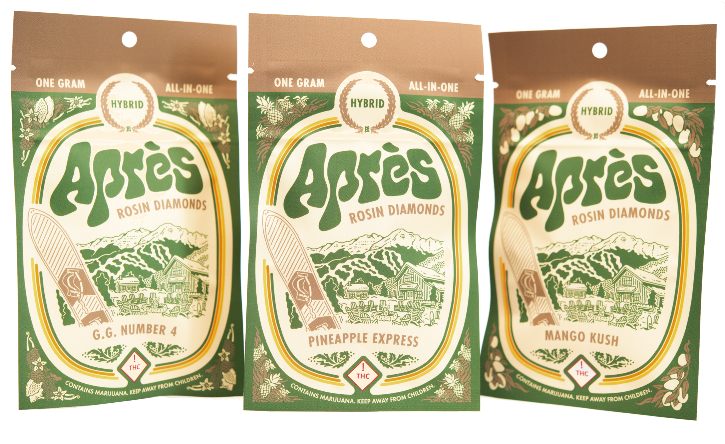 Apres Rosin Diamond Packaging, featuring strains: Mango Kush, Pineapple Express, And GG#4. Retro Ski design Après Rosin Diamonds.